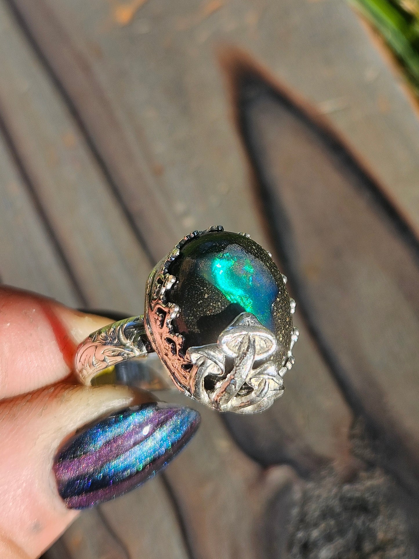 Galaxy Opal and Mushroom Ring, Size 9