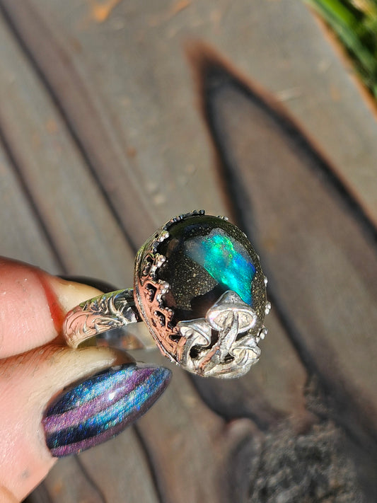 Galaxy Opal and Mushroom Ring, Size 9