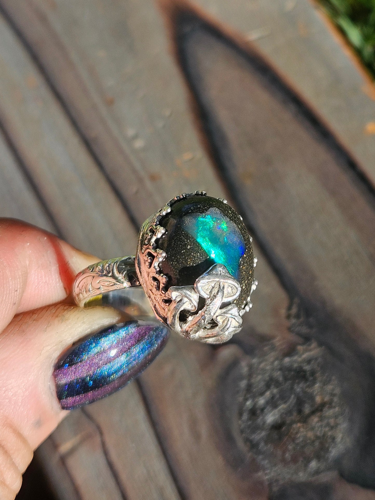 Galaxy Opal and Mushroom Ring, Size 9
