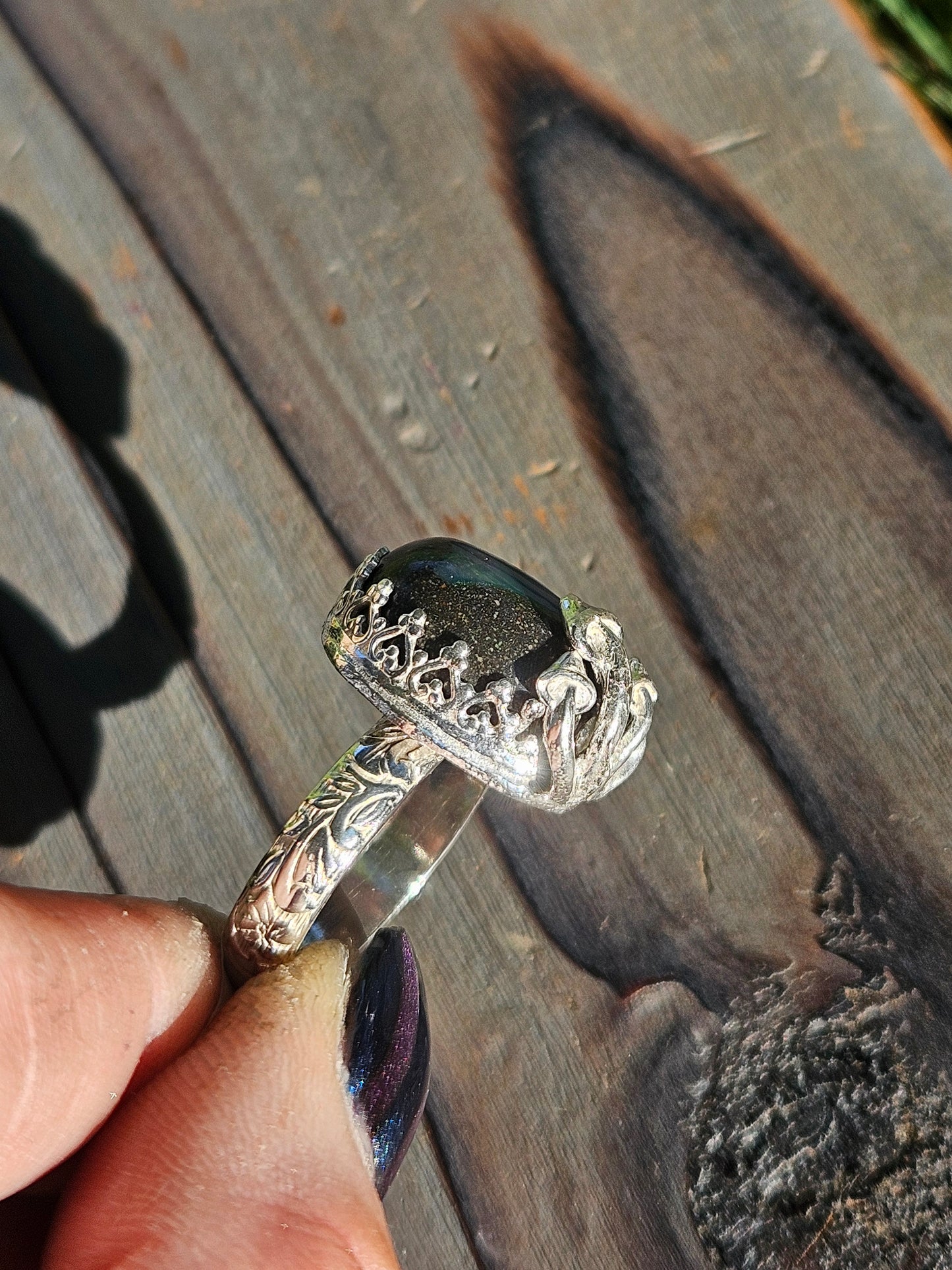 Galaxy Opal and Mushroom Ring, Size 9