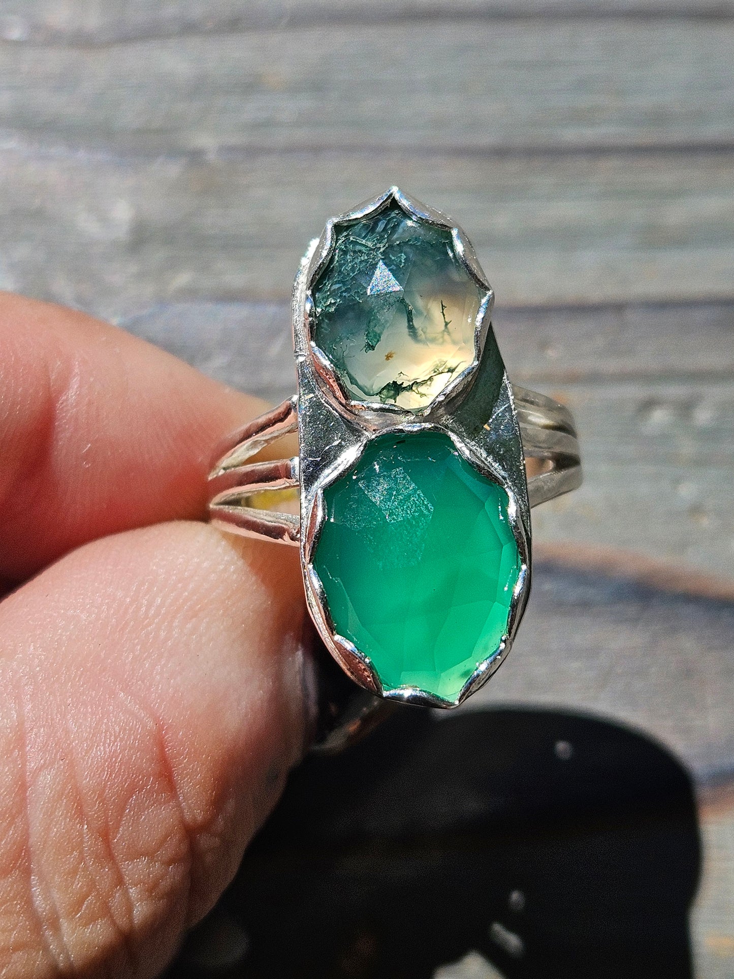 Green Chalcedony and Moss Agate Ring, Size 8