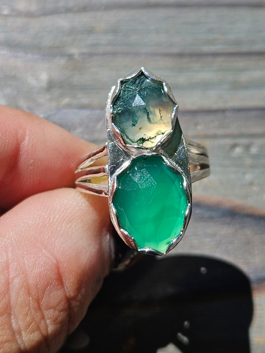 Green Chalcedony and Moss Agate Ring, Size 8