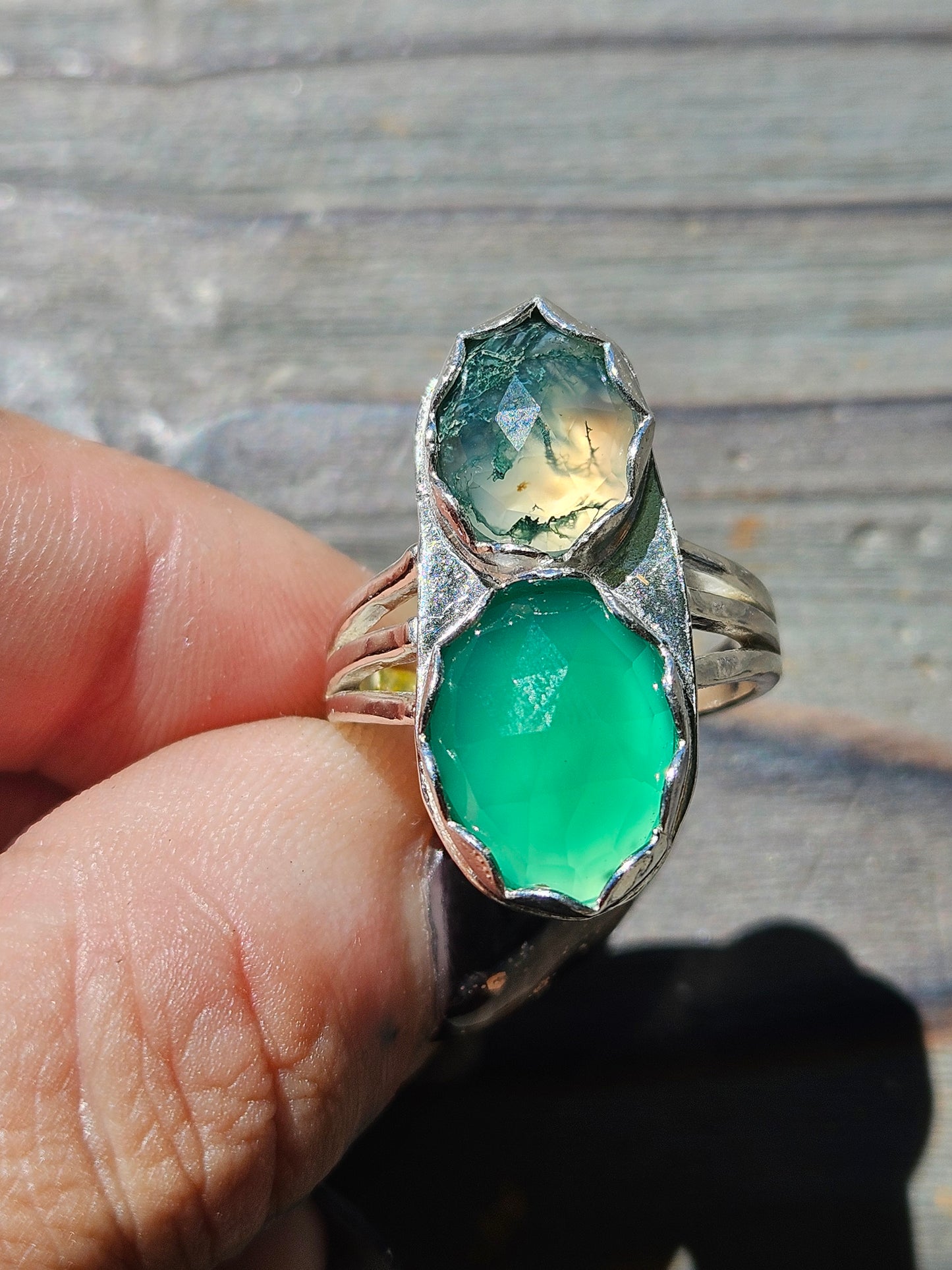Green Chalcedony and Moss Agate Ring, Size 8