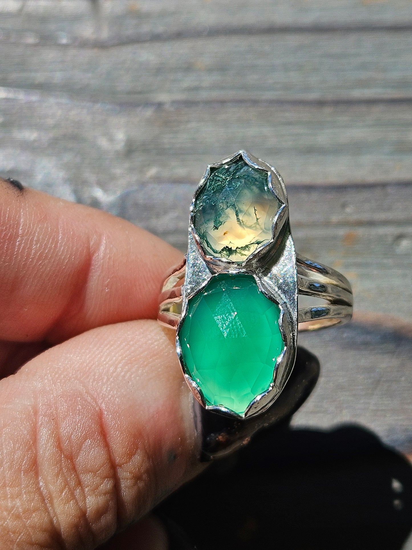 Green Chalcedony and Moss Agate Ring, Size 8