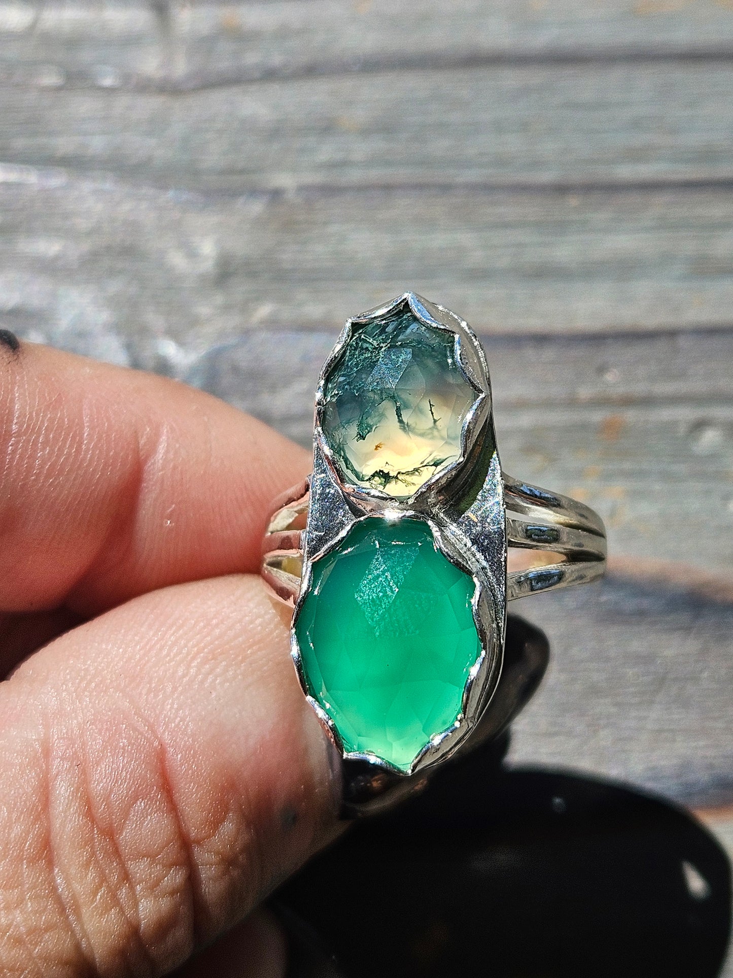 Green Chalcedony and Moss Agate Ring, Size 8