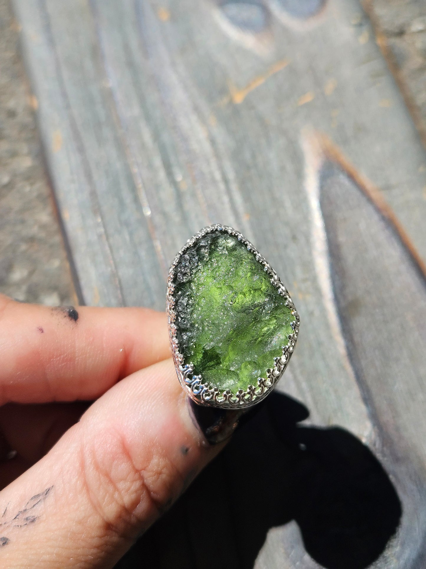 Moldavite Chunker Ring, Size 8