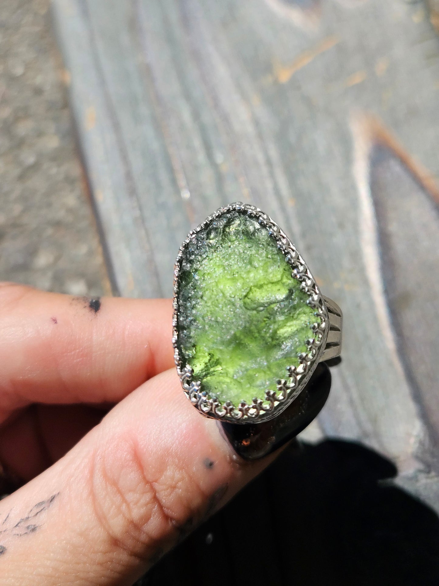Moldavite Chunker Ring, Size 8