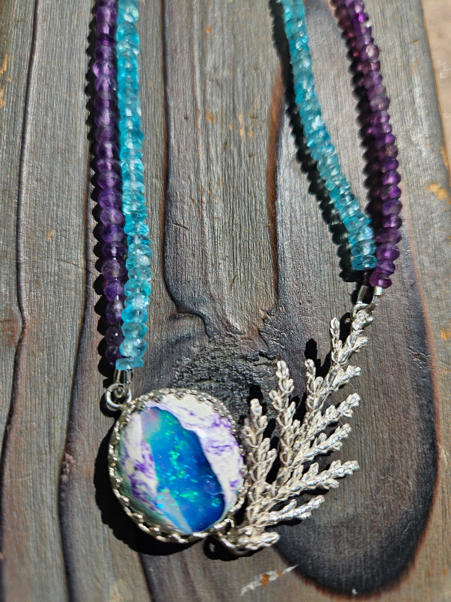 Galaxy Opal Cedar Necklace with Amethyst and Apatite