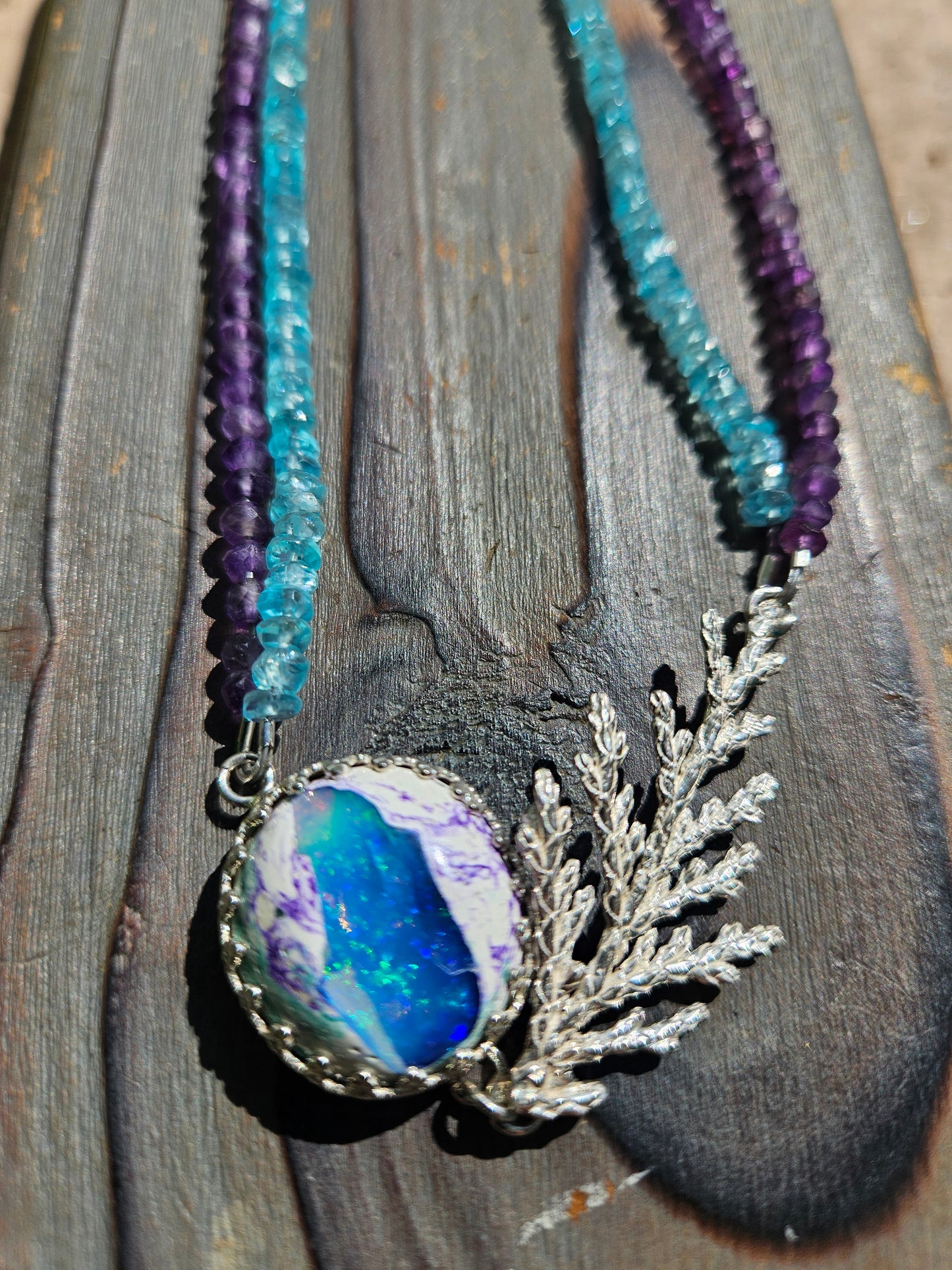 Galaxy Opal Cedar Necklace with Amethyst and Apatite