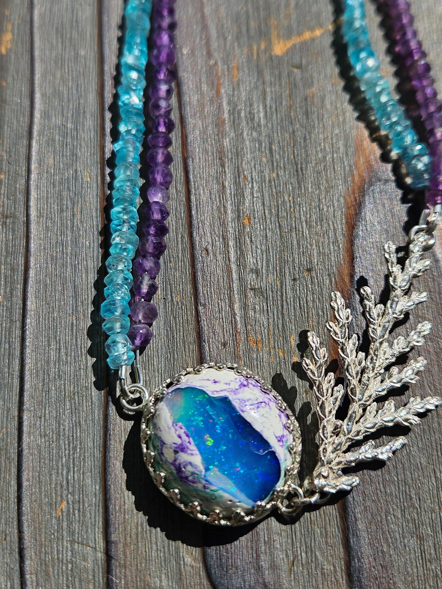 Galaxy Opal Cedar Necklace with Amethyst and Apatite