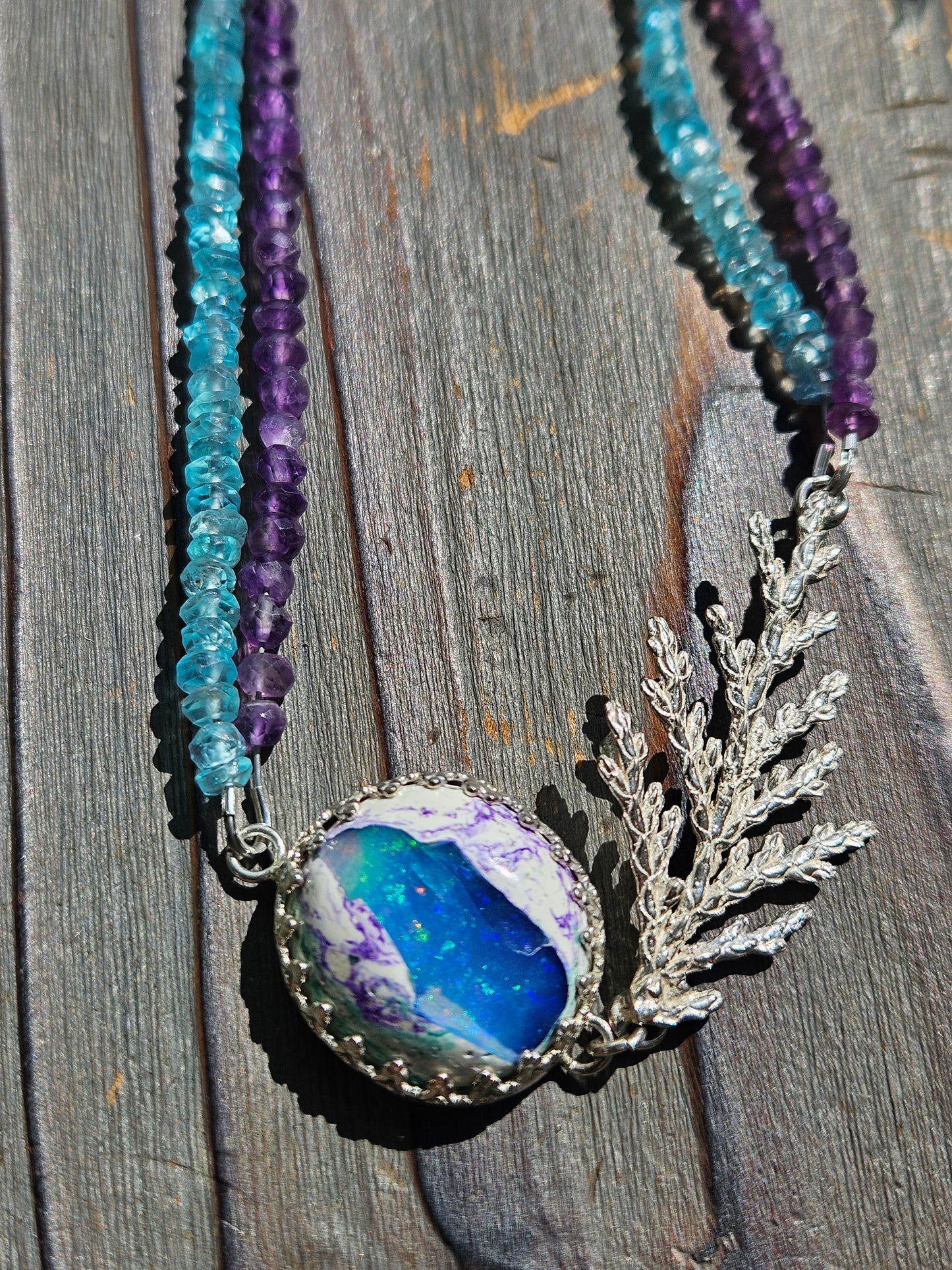 Galaxy Opal Cedar Necklace with Amethyst and Apatite