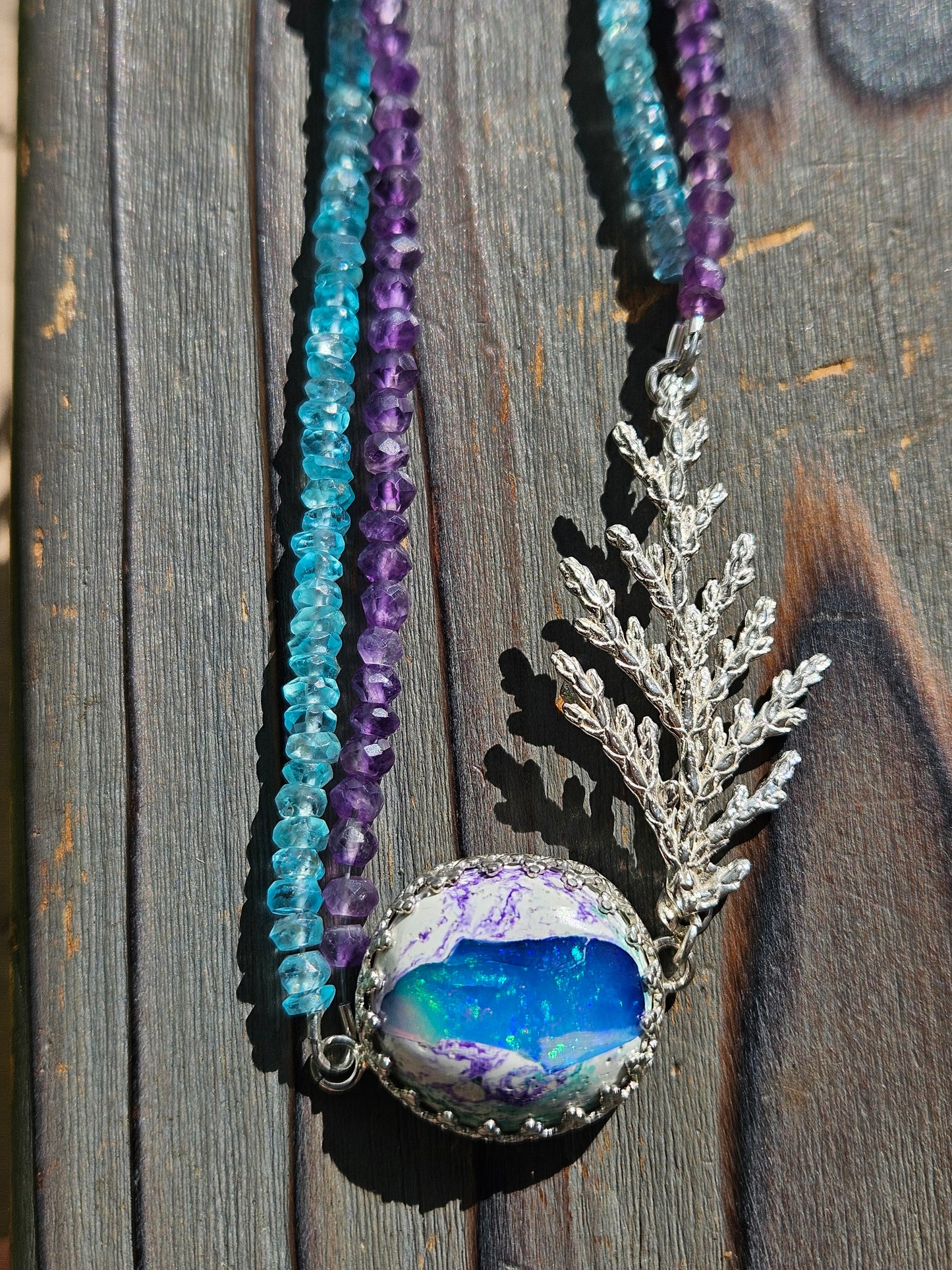 Galaxy Opal Cedar Necklace with Amethyst and Apatite