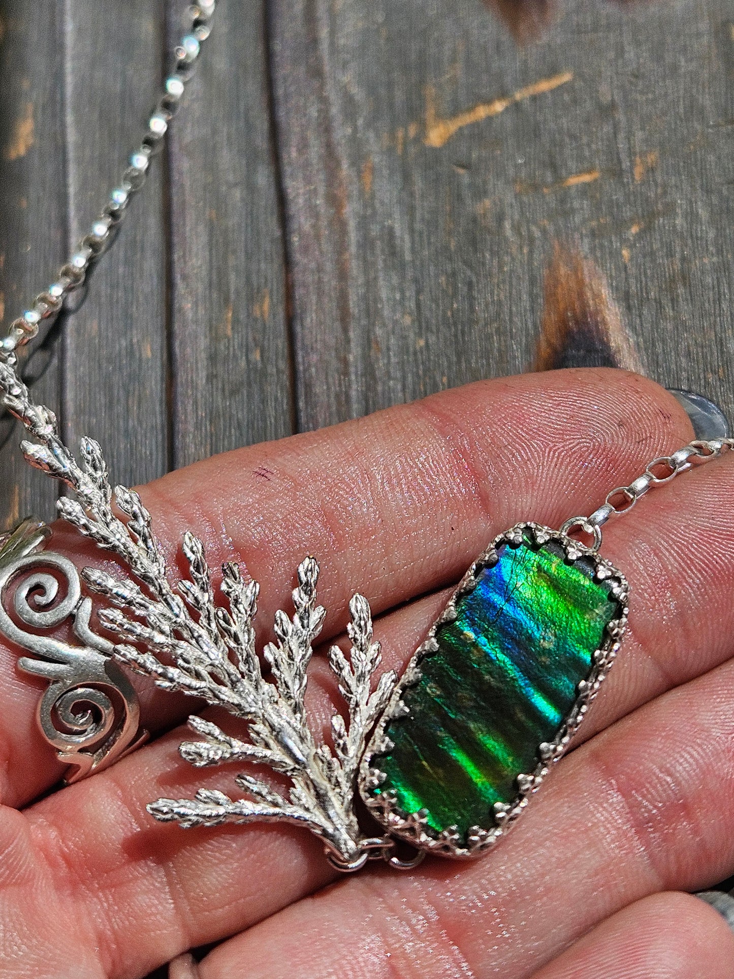 Ammolite and Cedar Necklace, 21in