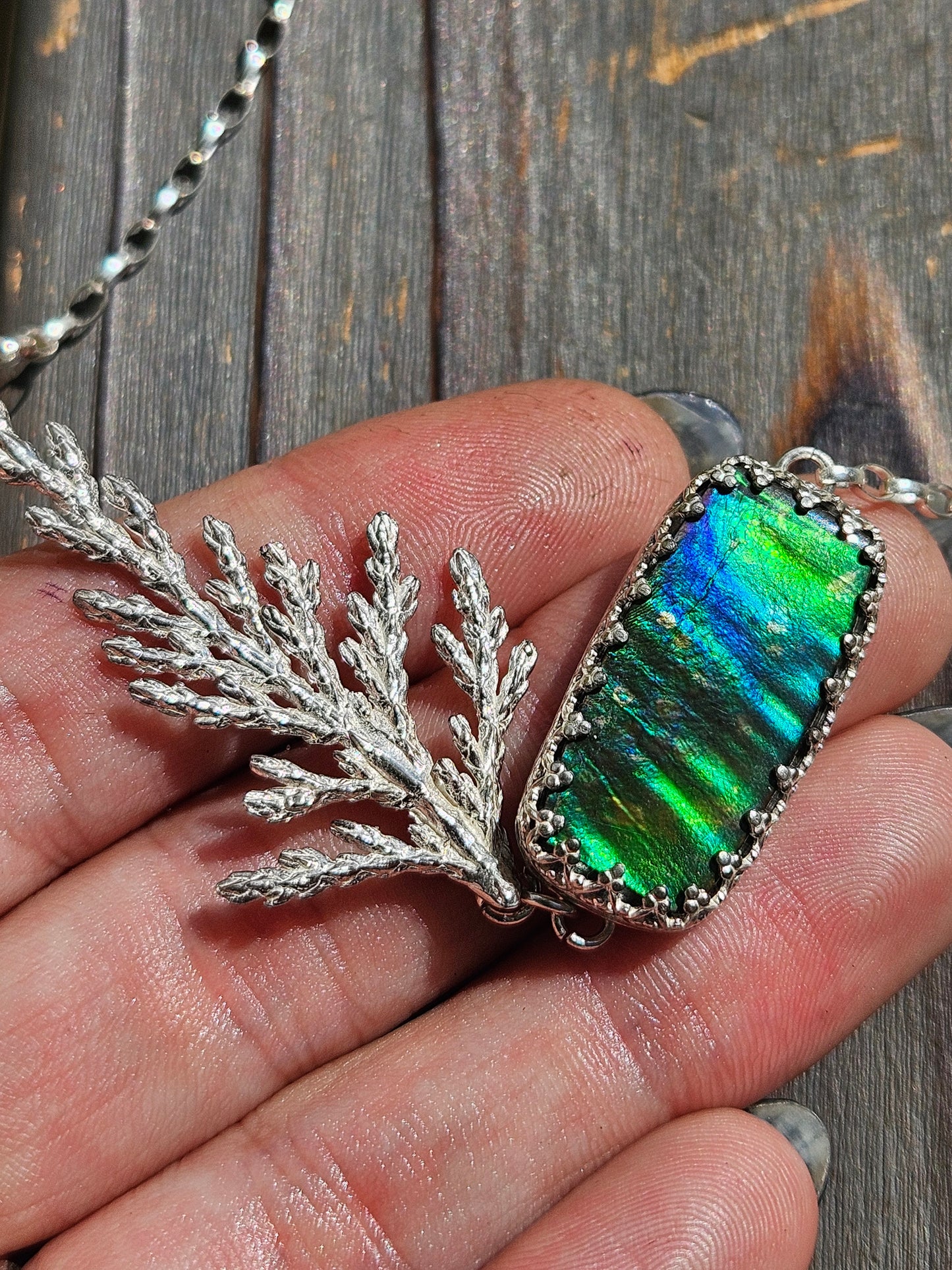 Ammolite and Cedar Necklace, 21in