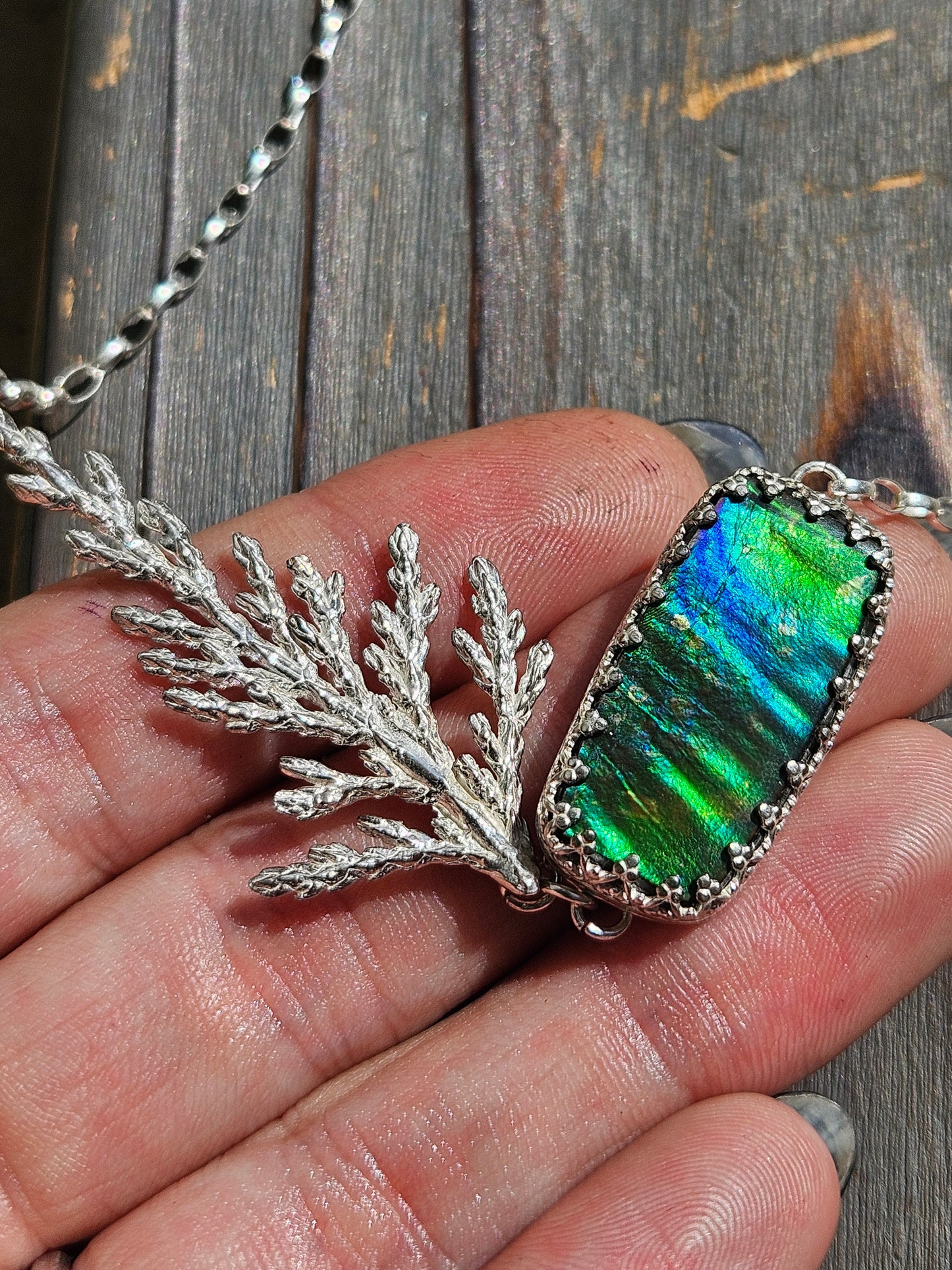 Ammolite and Cedar Necklace, 21in