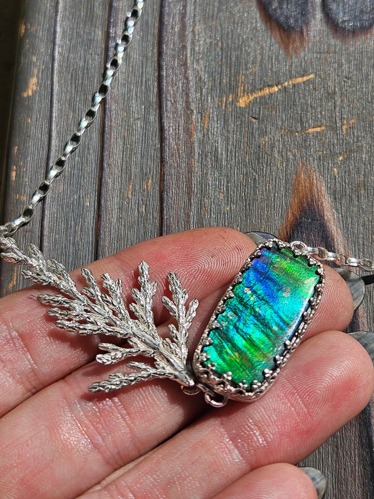 Ammolite and Cedar Necklace, 21in