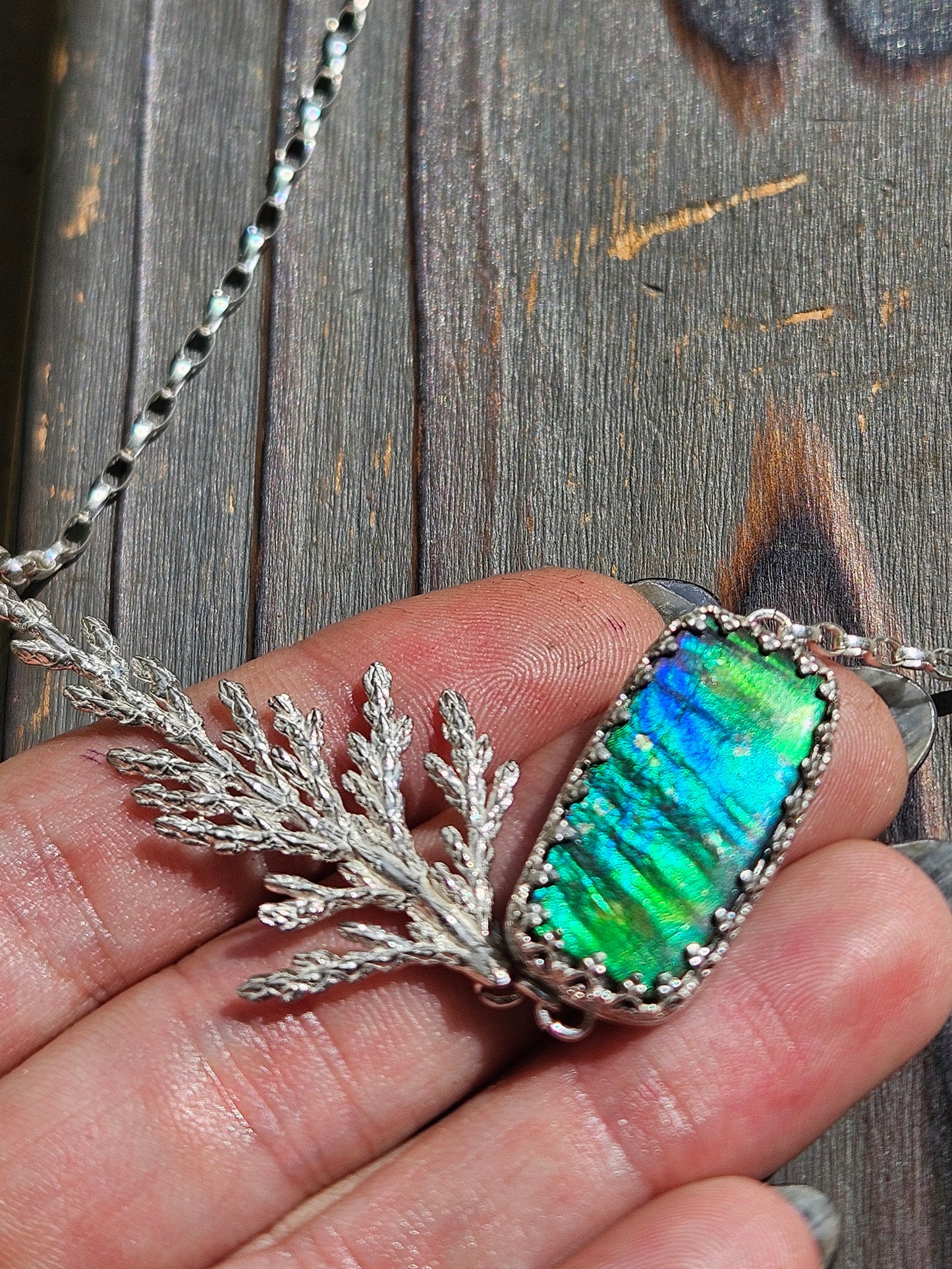 Ammolite and Cedar Necklace, 21in