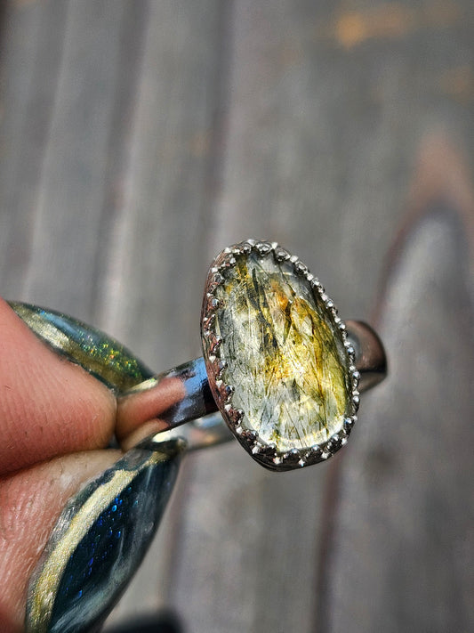 Green Rutile Quartz Ring, Size 8