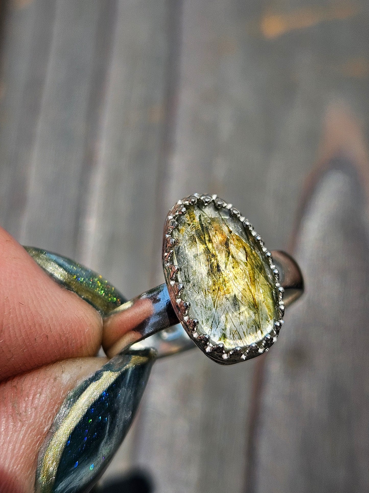 Green Rutile Quartz Ring, Size 8