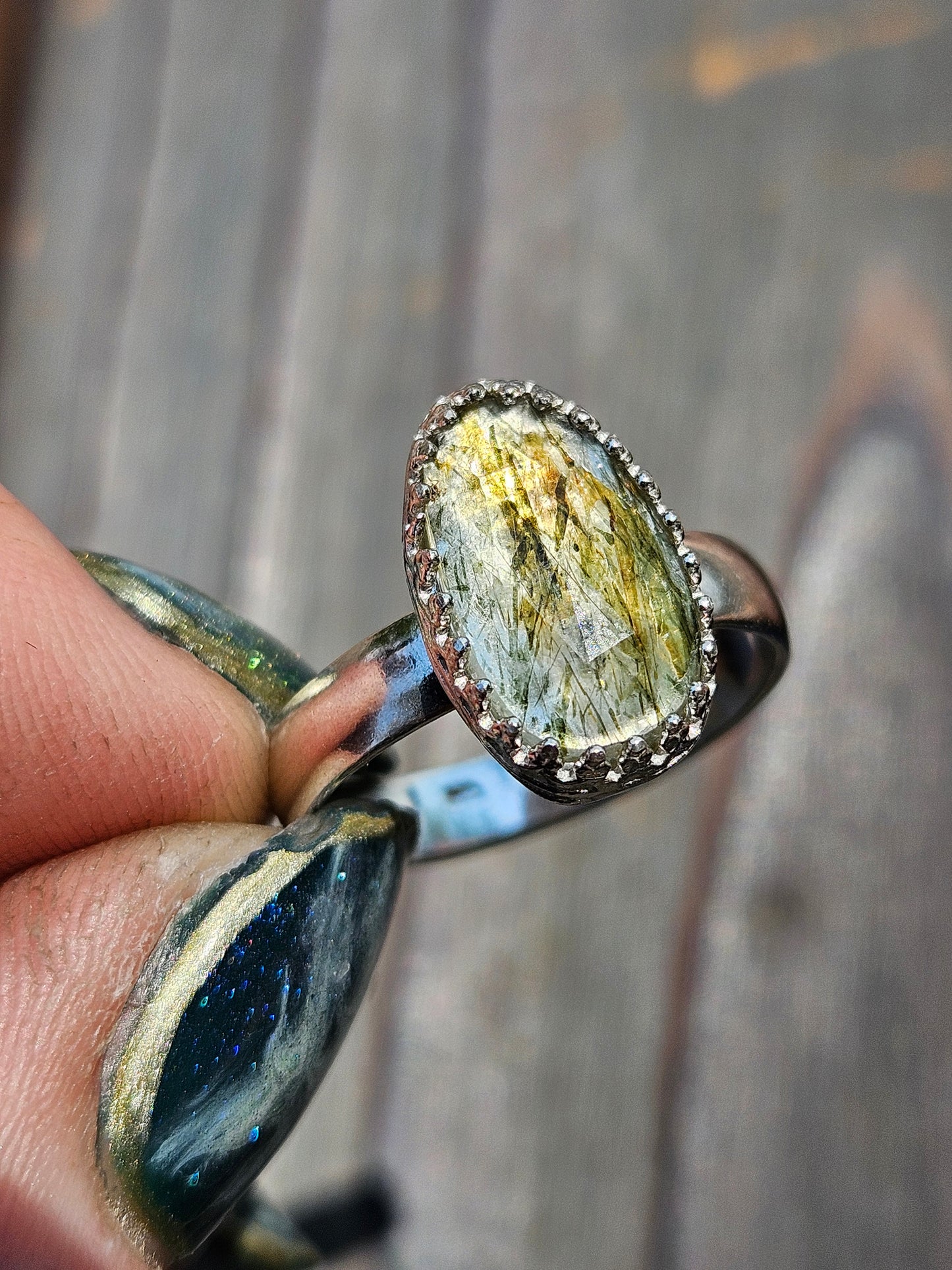 Green Rutile Quartz Ring, Size 8