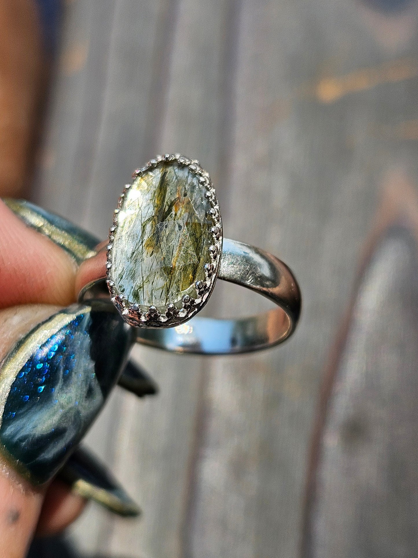 Green Rutile Quartz Ring, Size 8