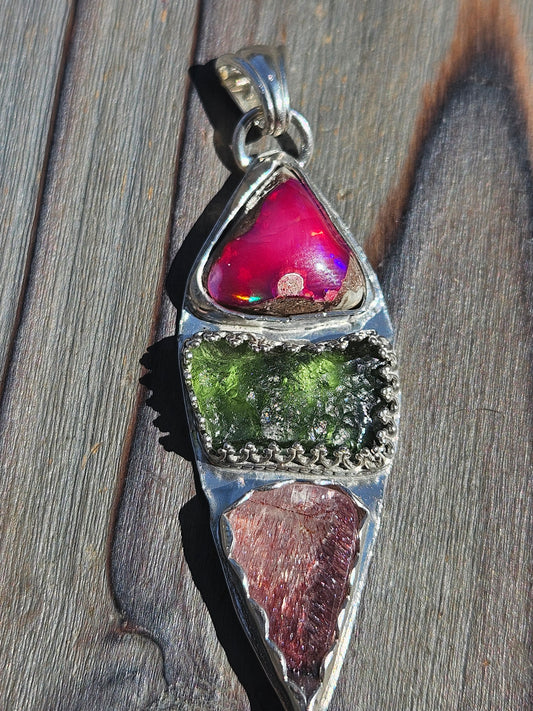 Galaxy Opal, Moldavite and Super 7 Pendant