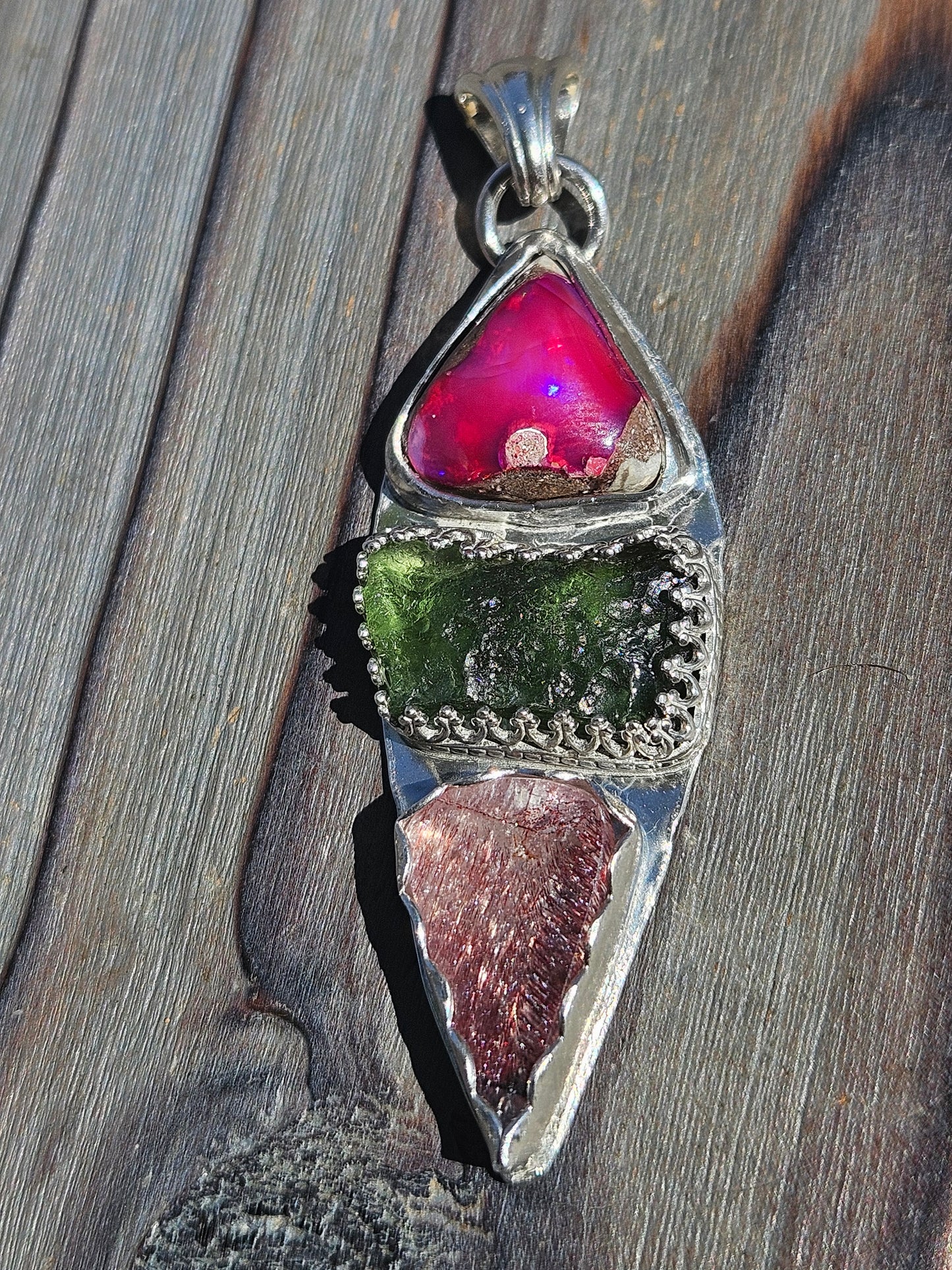 Galaxy Opal, Moldavite and Super 7 Pendant