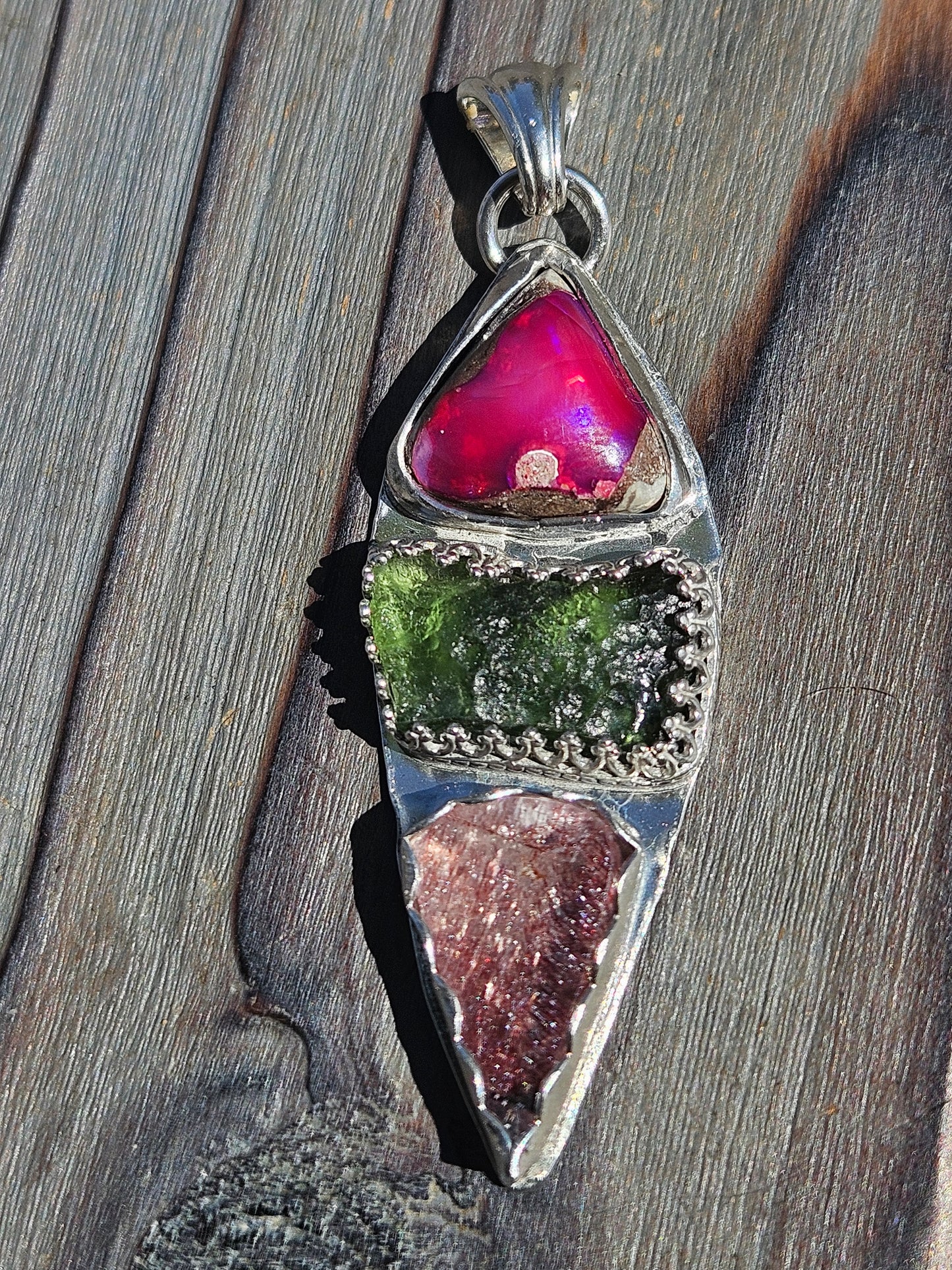 Galaxy Opal, Moldavite and Super 7 Pendant
