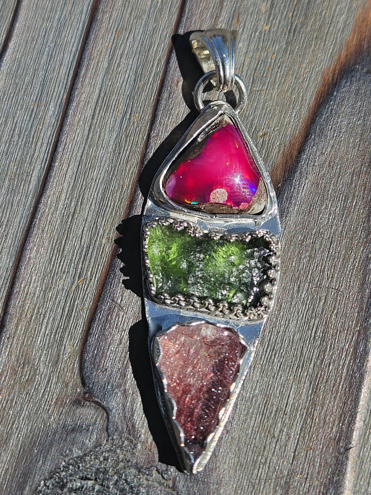 Galaxy Opal, Moldavite and Super 7 Pendant