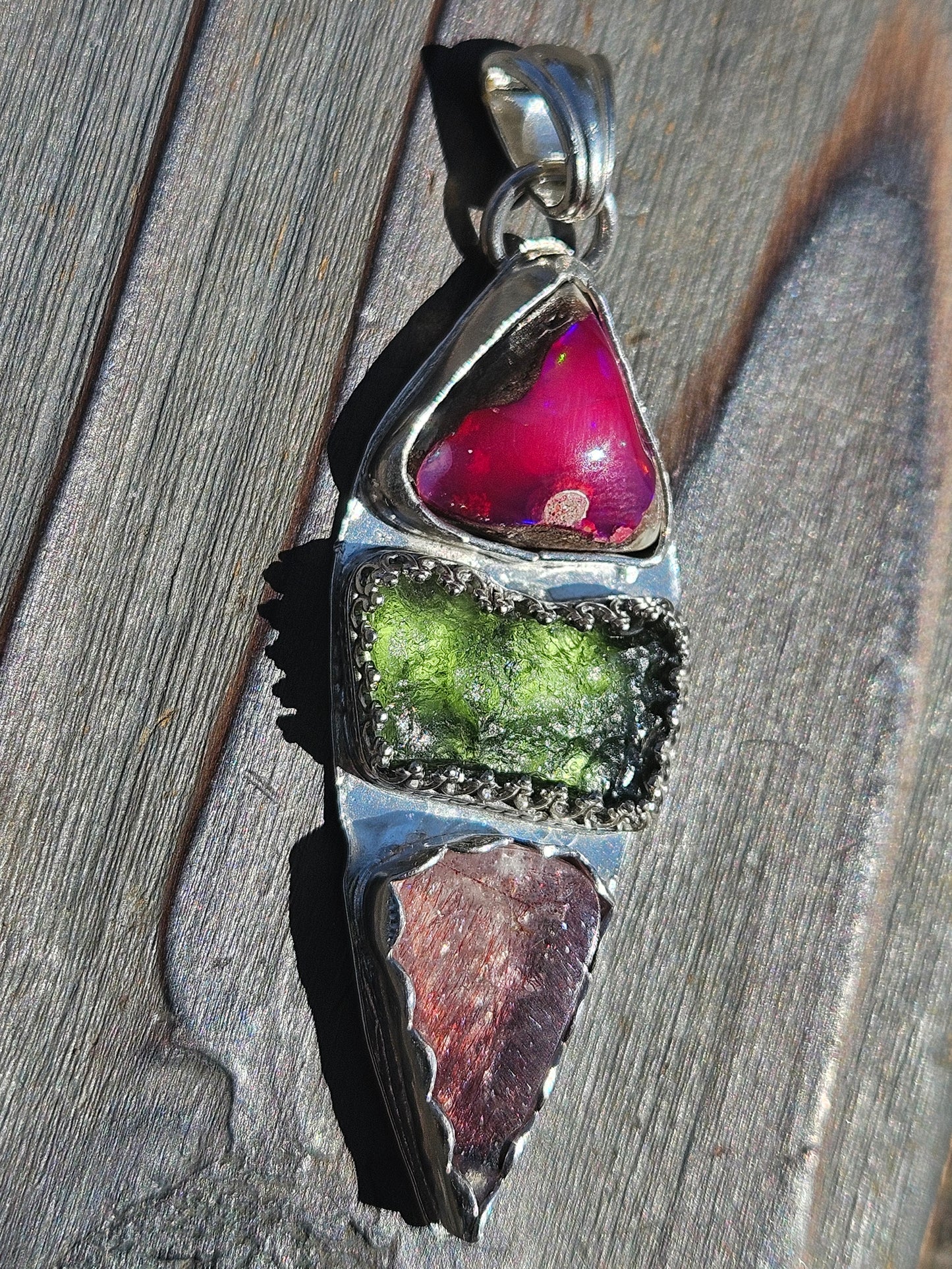 Galaxy Opal, Moldavite and Super 7 Pendant