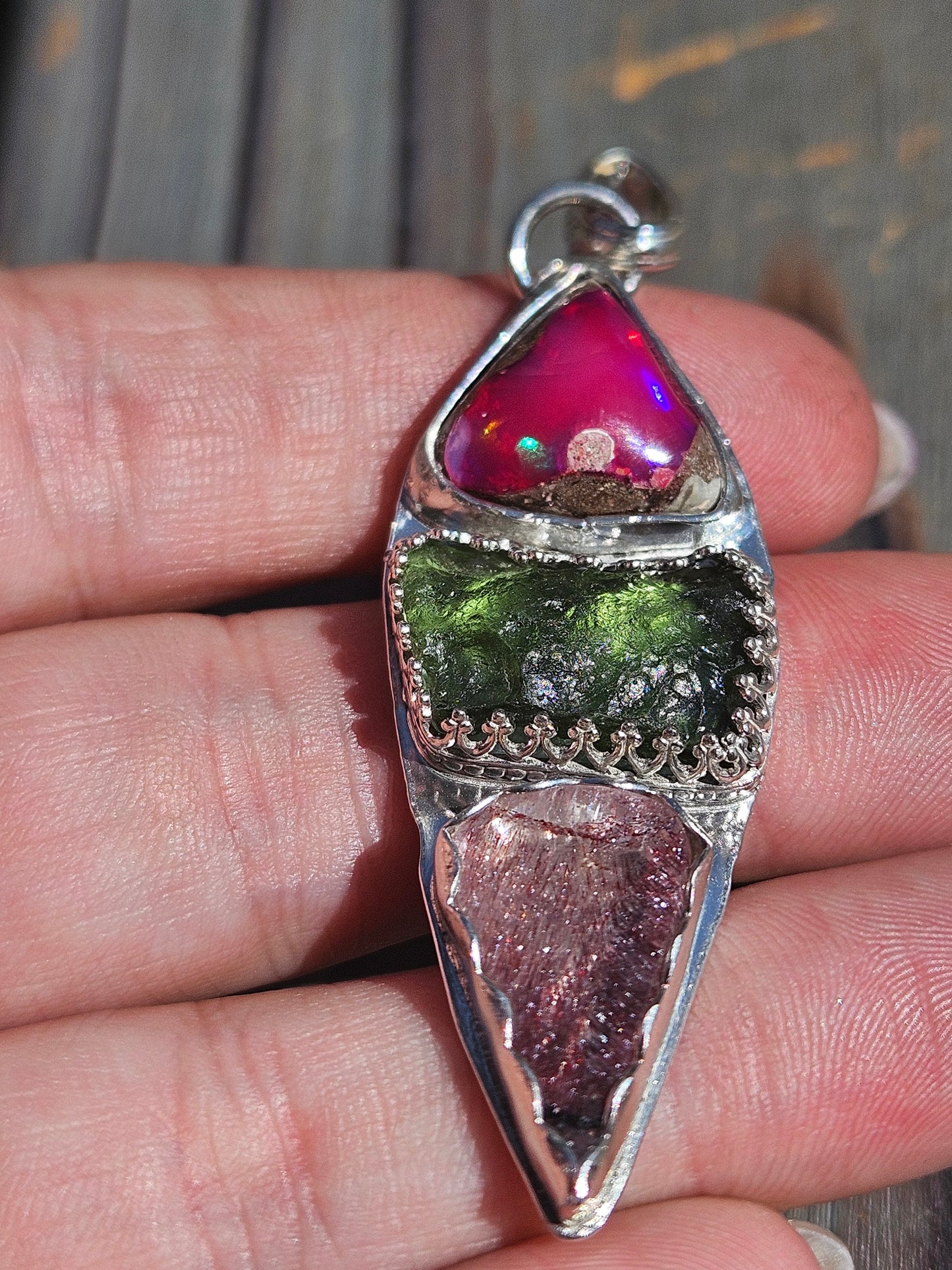 Galaxy Opal, Moldavite and Super 7 Pendant