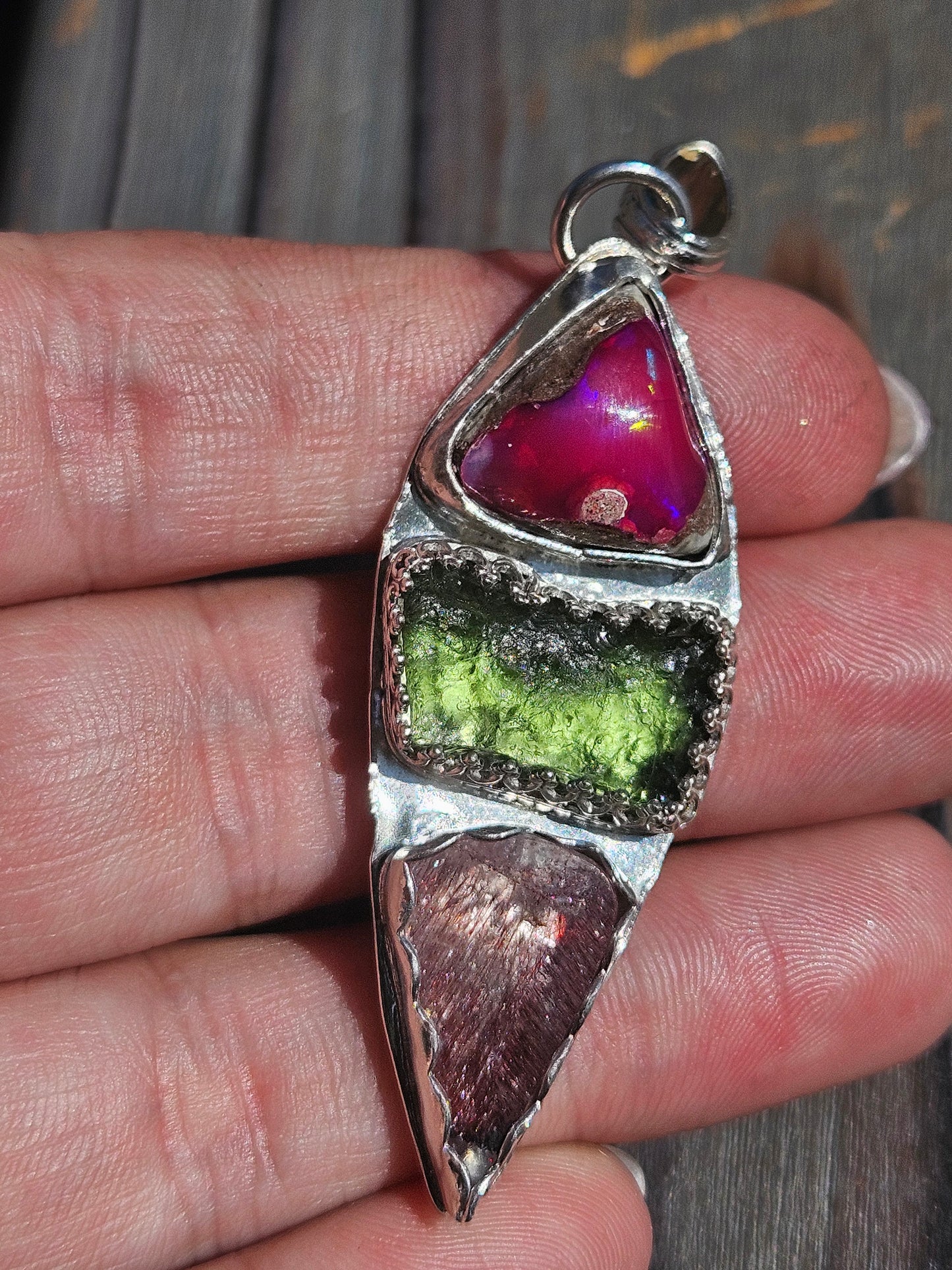 Galaxy Opal, Moldavite and Super 7 Pendant