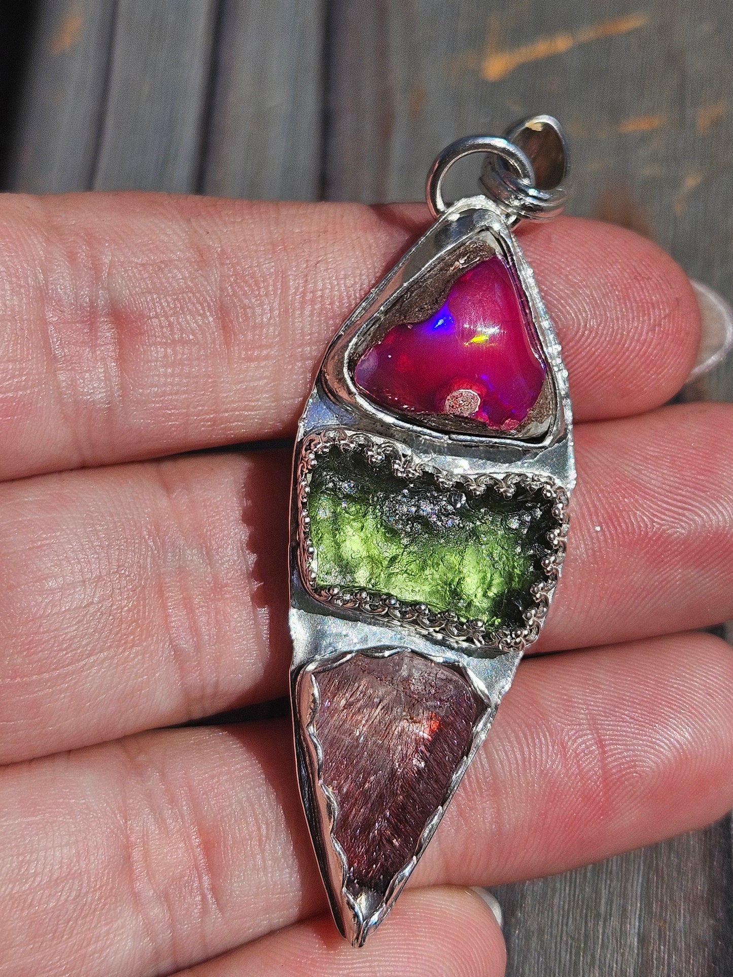 Galaxy Opal, Moldavite and Super 7 Pendant