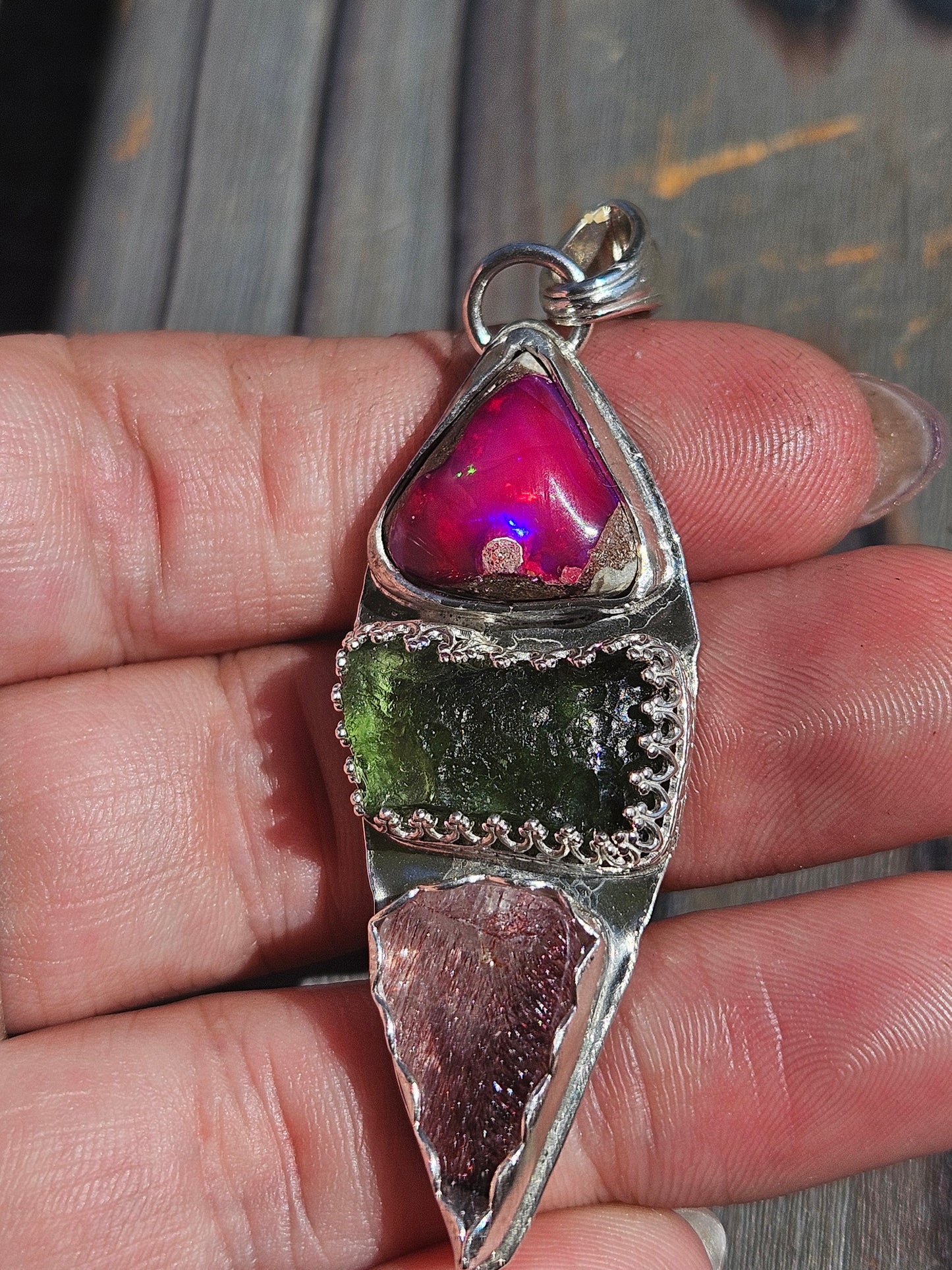Galaxy Opal, Moldavite and Super 7 Pendant