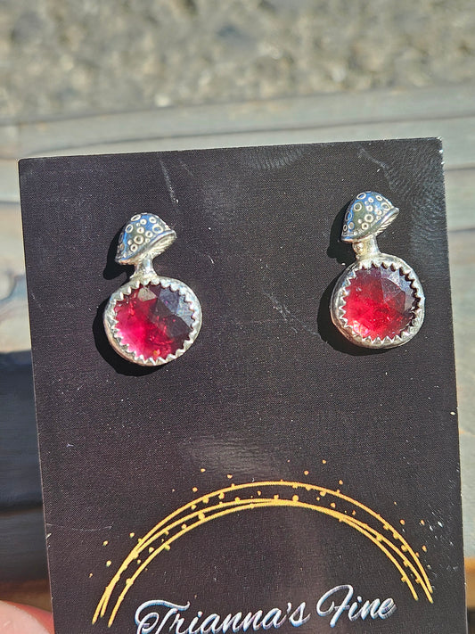 Garnet Mushroom Stud Earrings