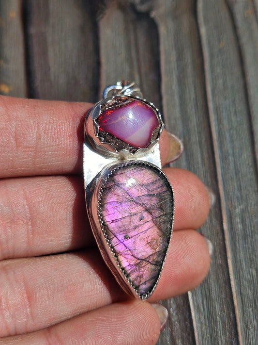 Pink Galaxy Opal and Labradorite Pendant