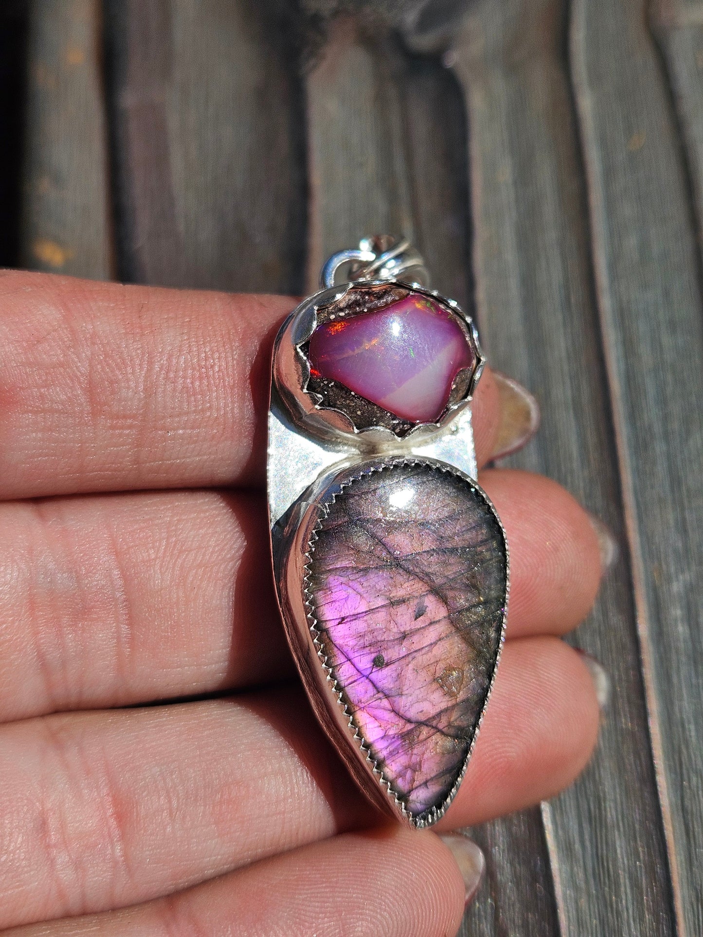 Pink Galaxy Opal and Labradorite Pendant