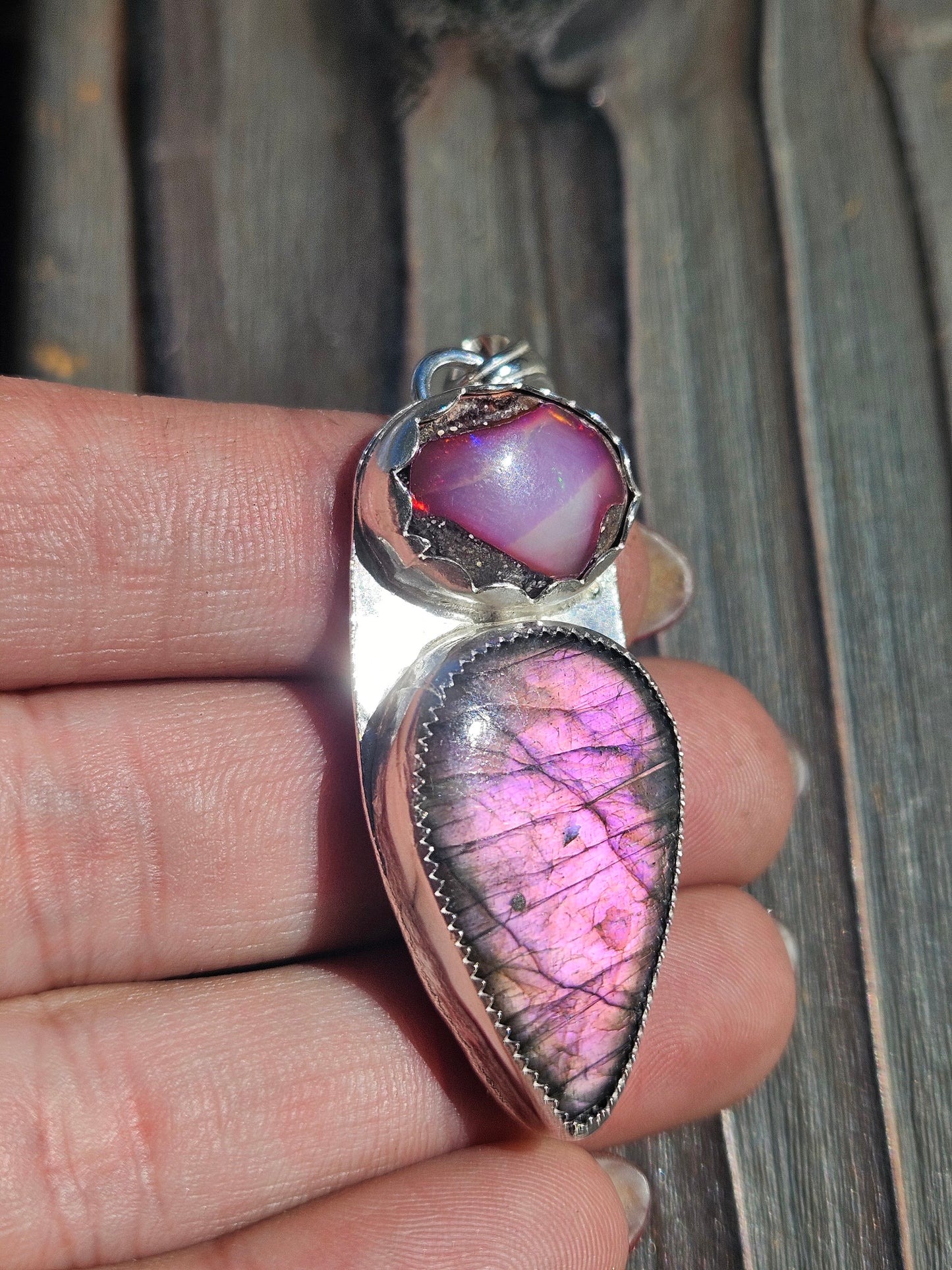 Pink Galaxy Opal and Labradorite Pendant