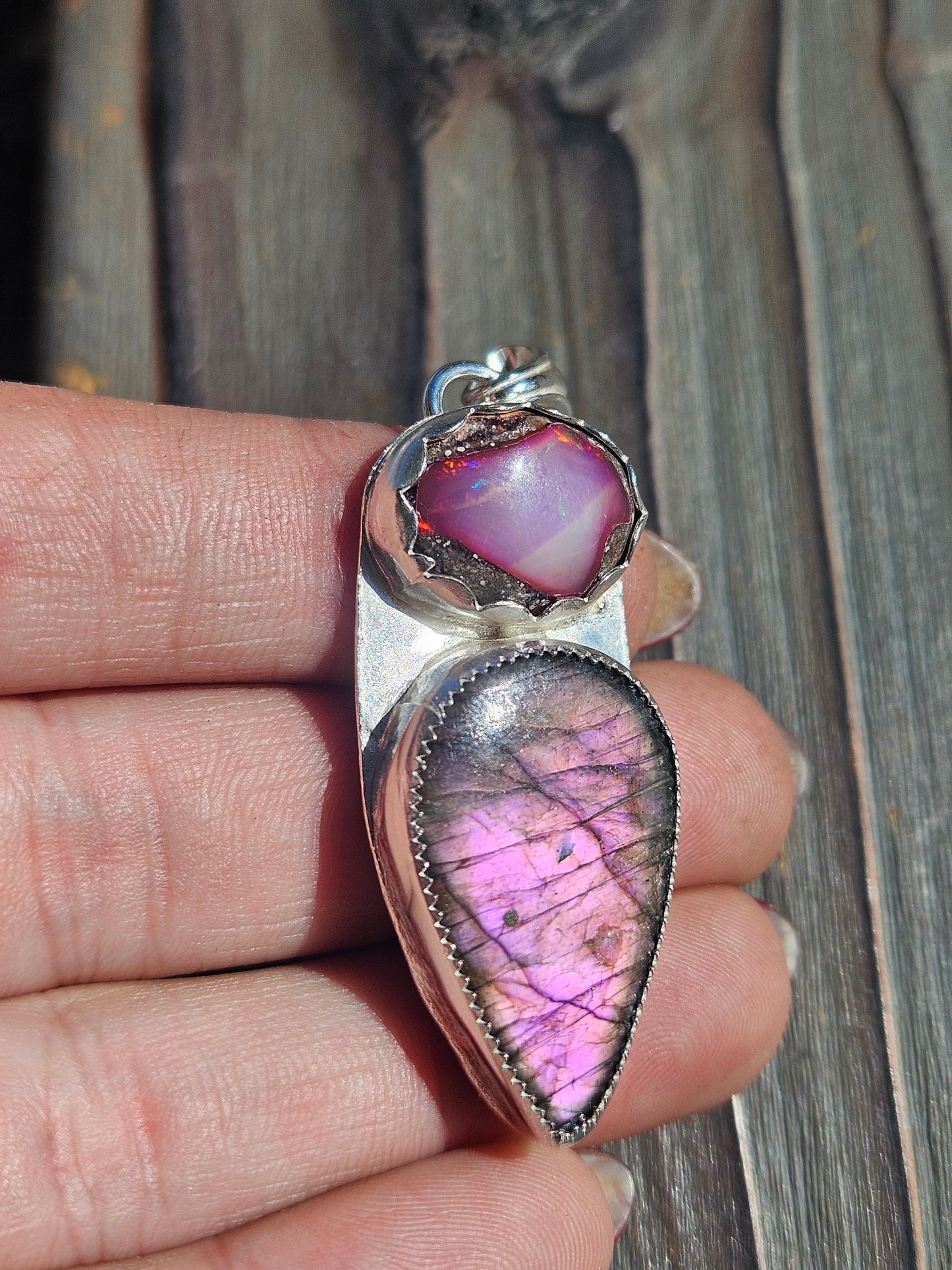 Pink Galaxy Opal and Labradorite Pendant