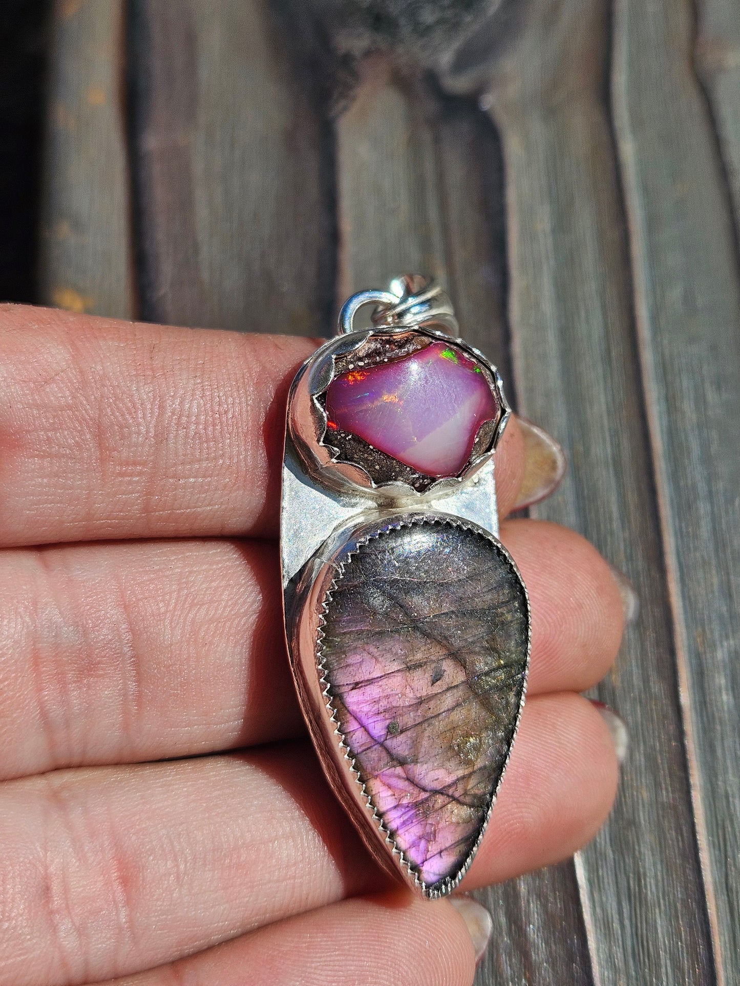 Pink Galaxy Opal and Labradorite Pendant