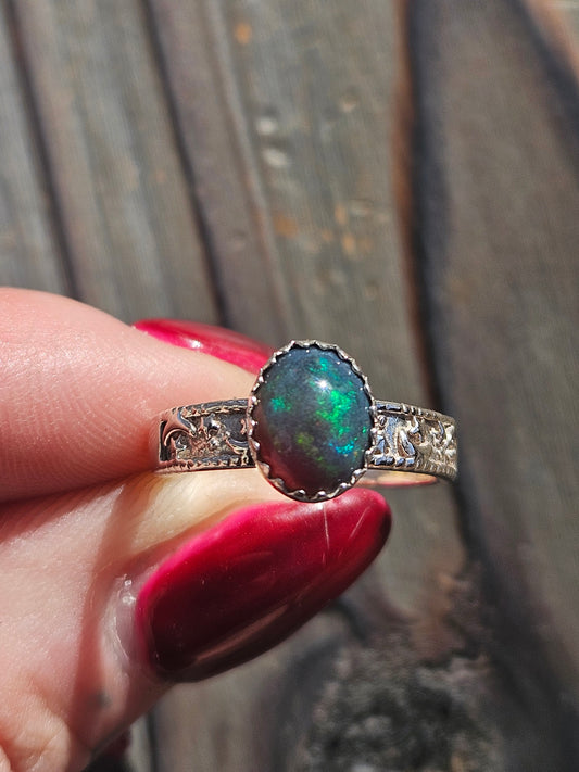 Black Opal Star Ring, Size 7