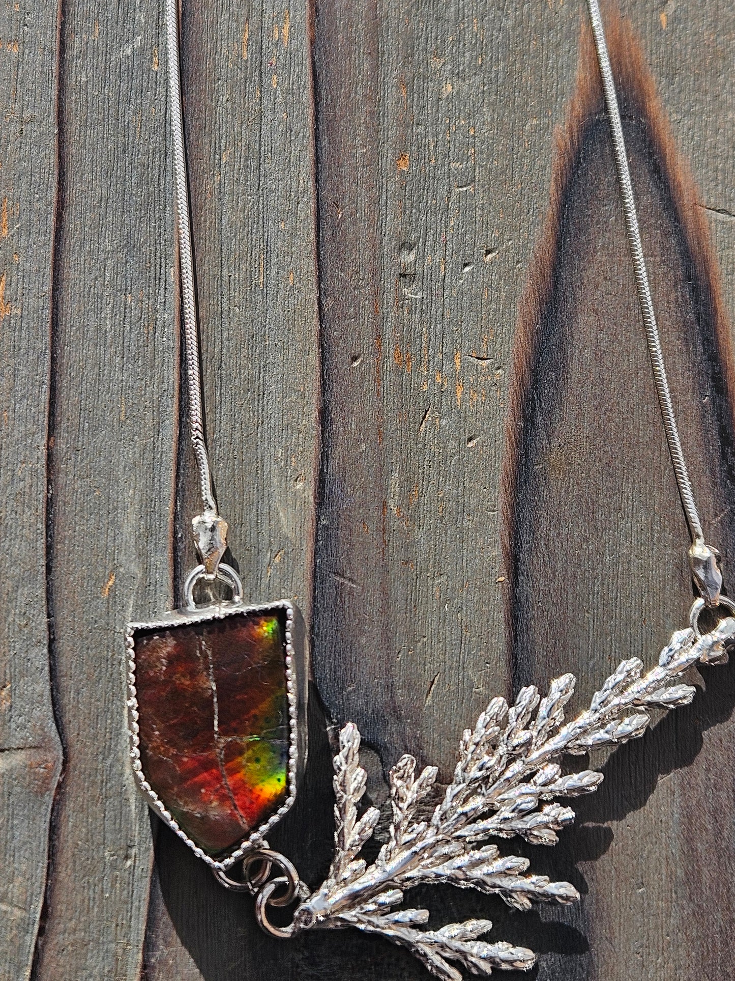 Rasta Ammolite Cedar Necklace, Adjustable 26in