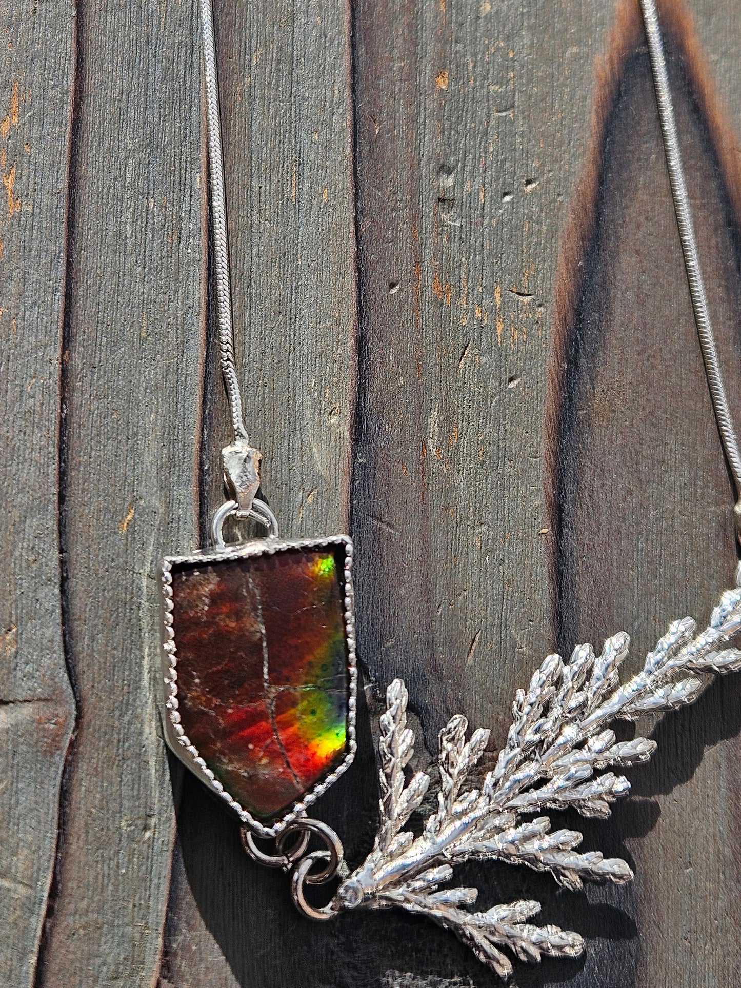 Rasta Ammolite Cedar Necklace, Adjustable 26in