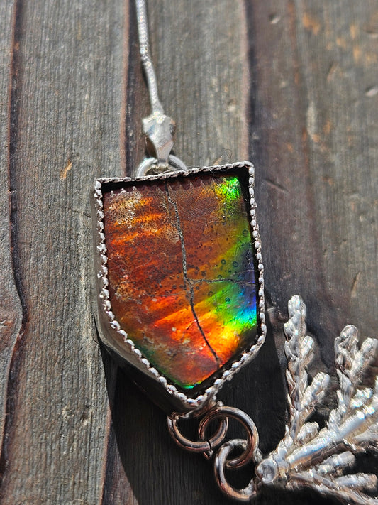 Rasta Ammolite Cedar Necklace, Adjustable 26in