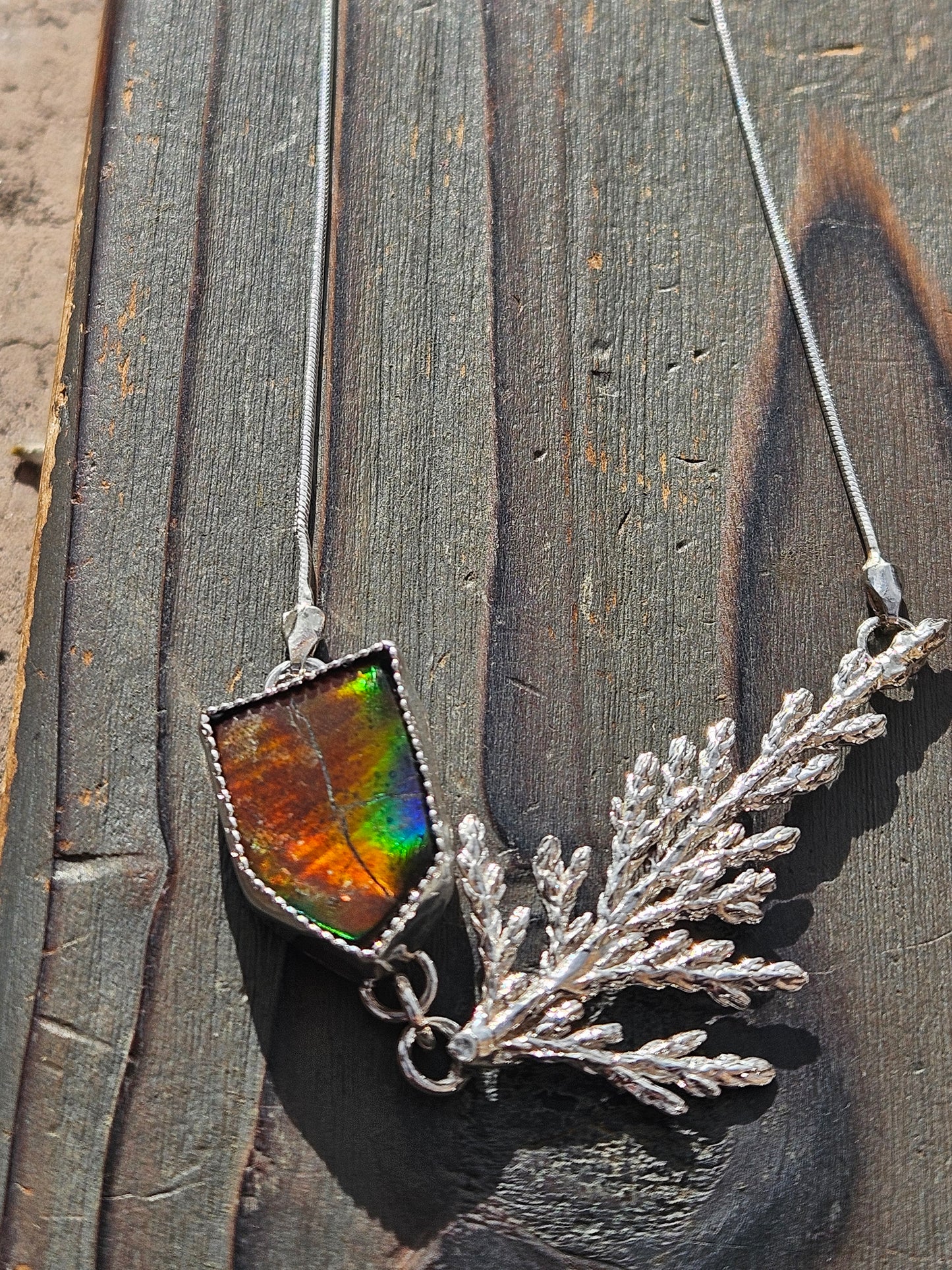 Rasta Ammolite Cedar Necklace, Adjustable 26in