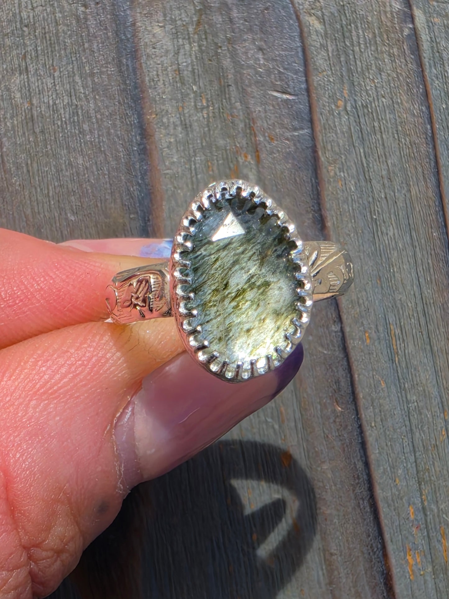 Green Rutiled Quartz Ring, Size 8
