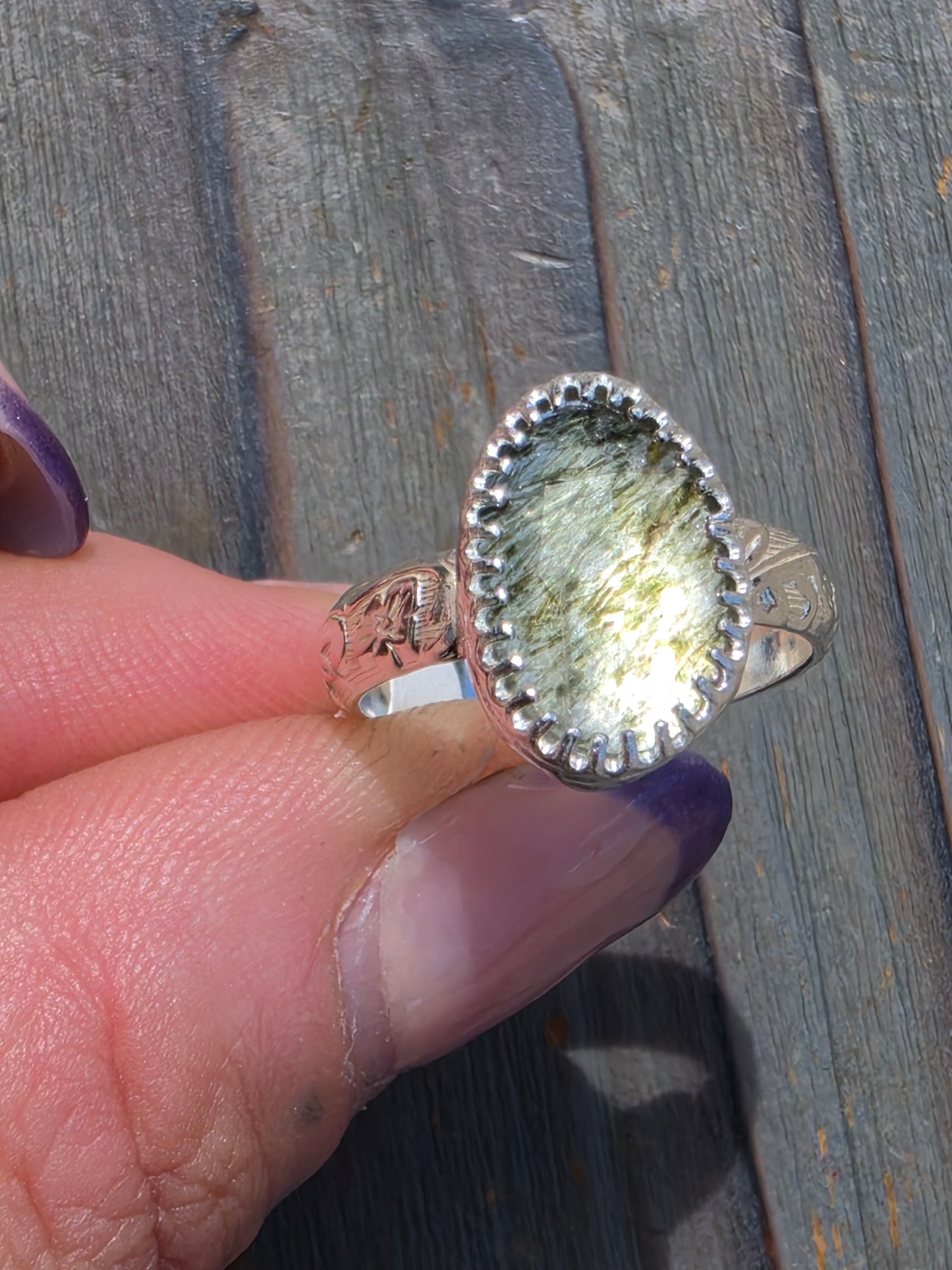 Green Rutiled Quartz Ring, Size 8