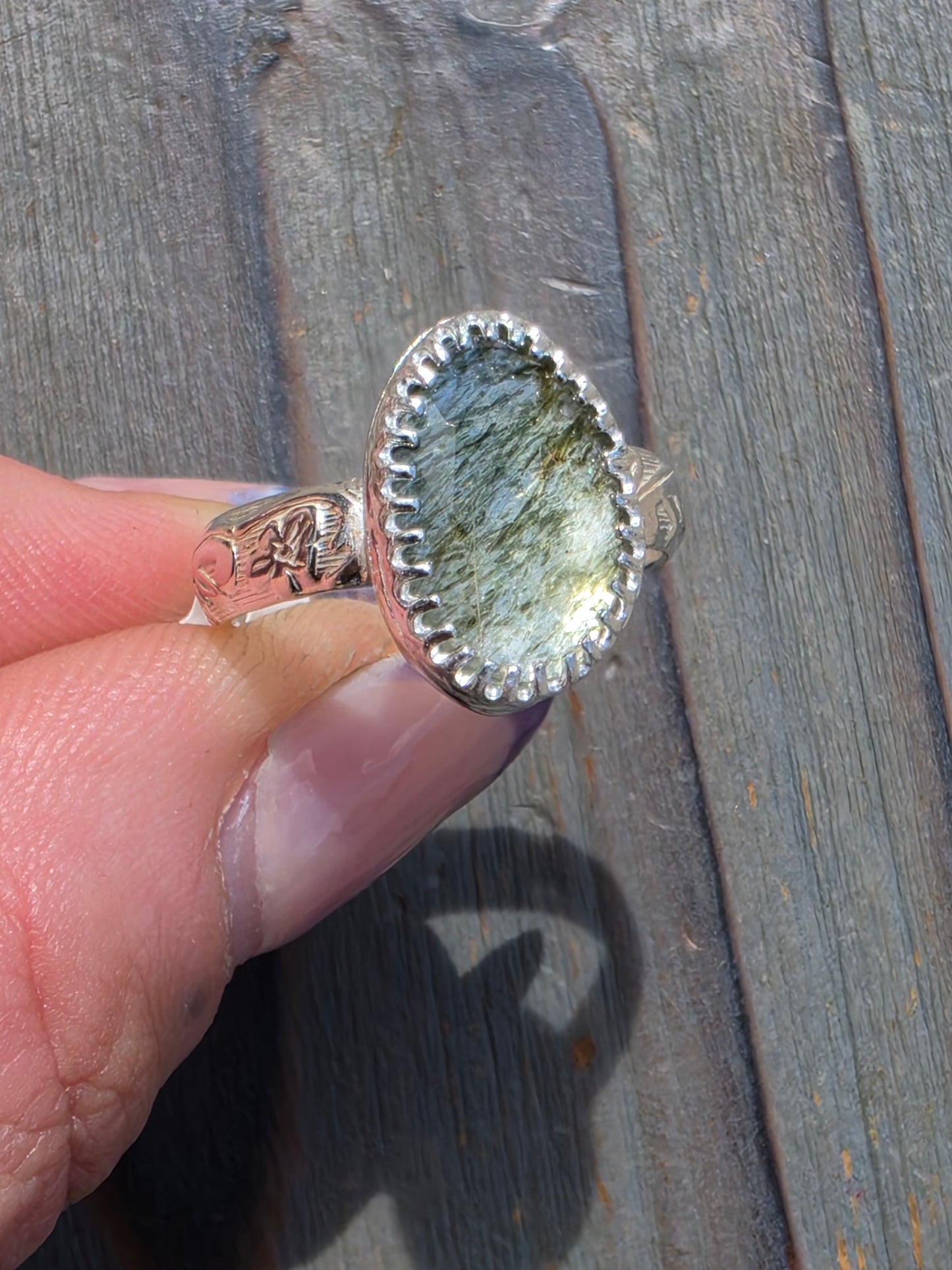 Green Rutiled Quartz Ring, Size 8