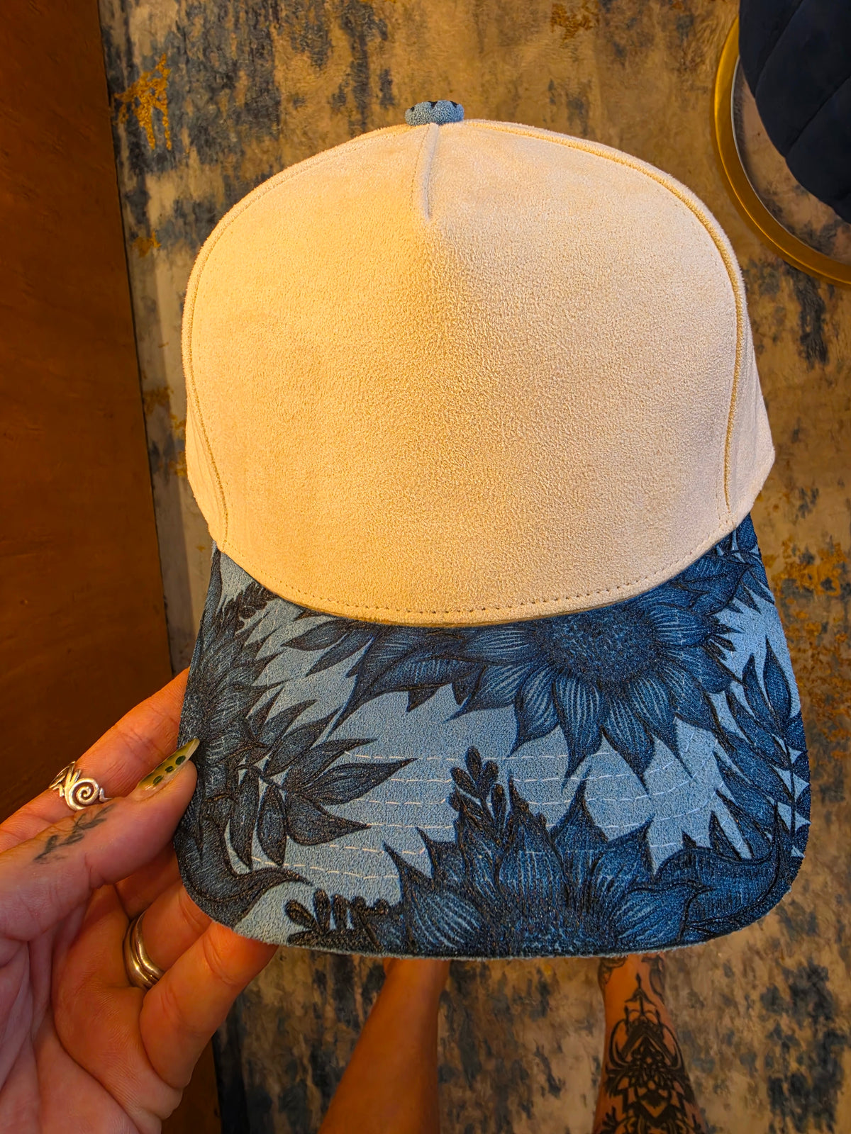 Bakers Burns blue sunflower baseball hat