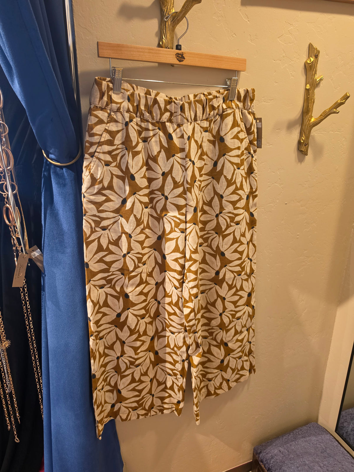 Mustard Floral Linen Pants